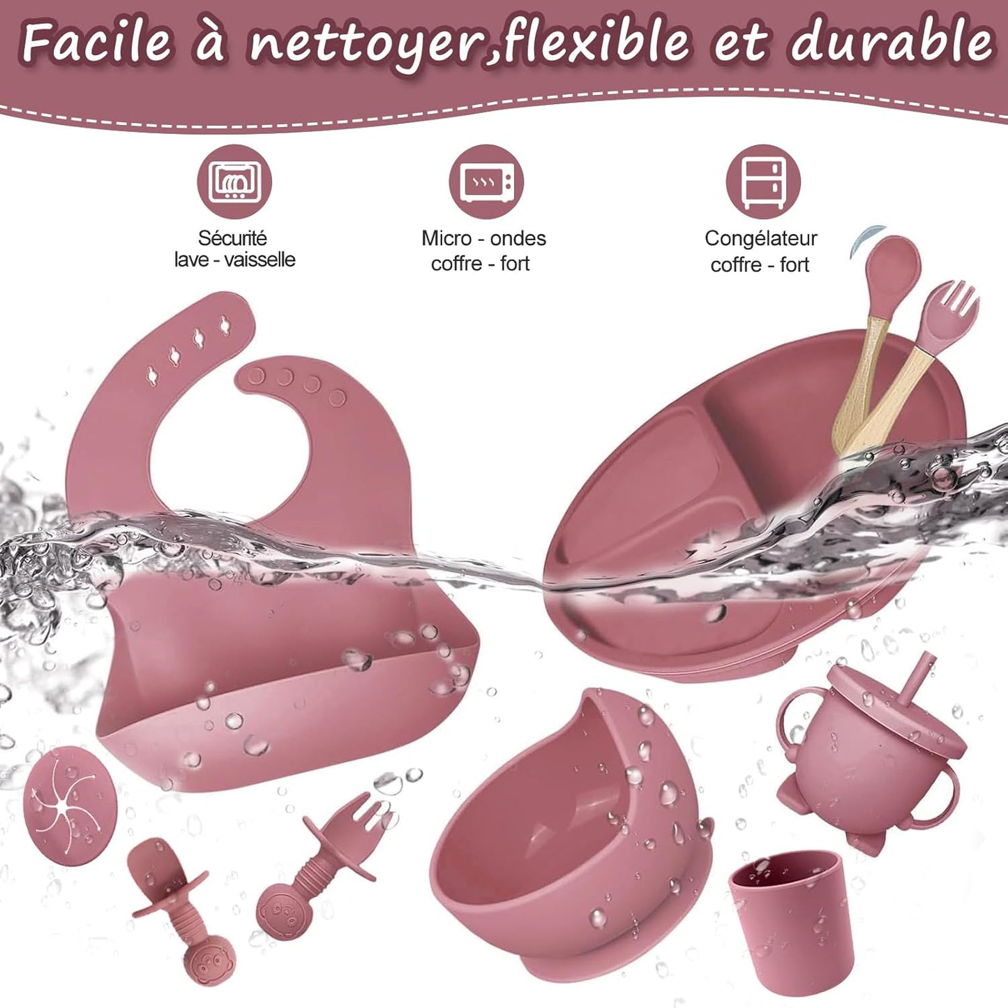 Baby Geschirrset,12er Set Kindergeschirr, Babylöffel,Trinklernbecher,Silikon Lätzchen,Baby Teller Kinderteller mit Saugnapf,Baby Led Weaning Besteck Set, BPA Frei,Spülmaschinen Und Mikrowellen Safe