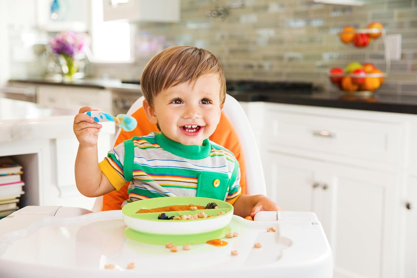 Munchkin Stay Put Baby Geteiltes Teller Set | Baby & Kleinkind Teller mit Fächern für Beikosteinführung | Saugnapfteller für Kinder ab 6 Monaten | BPA-frei | 2er Pack | Blau/Grün