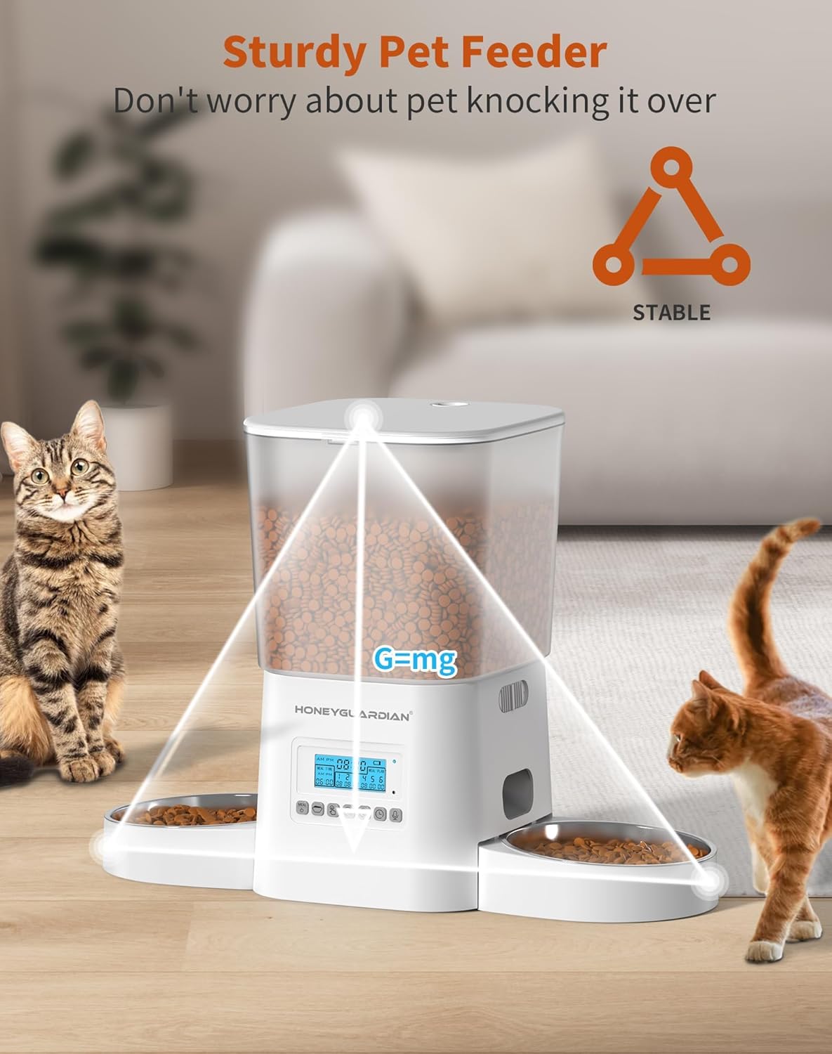 HoneyGuaridan Automatic Cat Feeders for 2 Cats, 3.5L Cat Food Dispenser with Double Bowls,Two Way Splitter Timed Cat Feeder for Dry Food, Programmable 1-6 Meals Control, Dual Power Supply, 10s Call