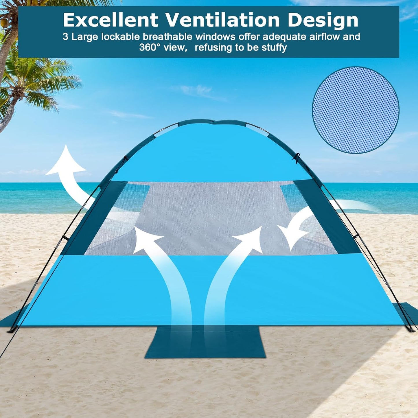 COMMOUDS Strandmuscheln für 3-4 Personen, Tragbarer Strandzelt mit UV-Schutz 50+, Familie Sonnenzelt Strand mit 3 Mesh Fenster, Schnelle Montage, Einfaches Tragen Schirm Strandmuschel für Outdoor