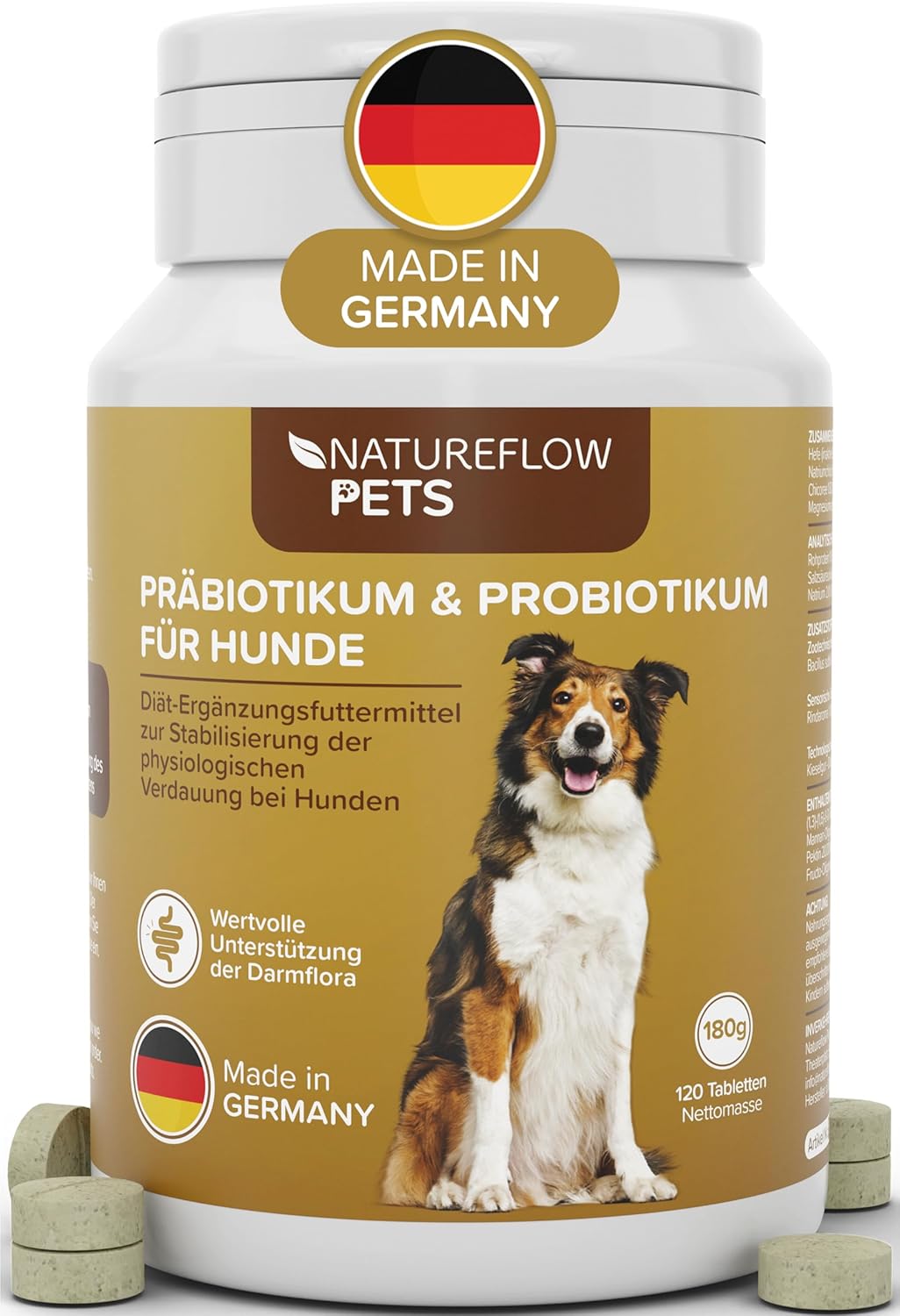 Probiotika Darmsanierung für den Hund - Premium Qualität Made in Germany - Probiotika Hund - 120 Tabletten für verbesserte Verdauung & Immunsystem - Hund Darmflora aufbauen mit Natureflow Pets