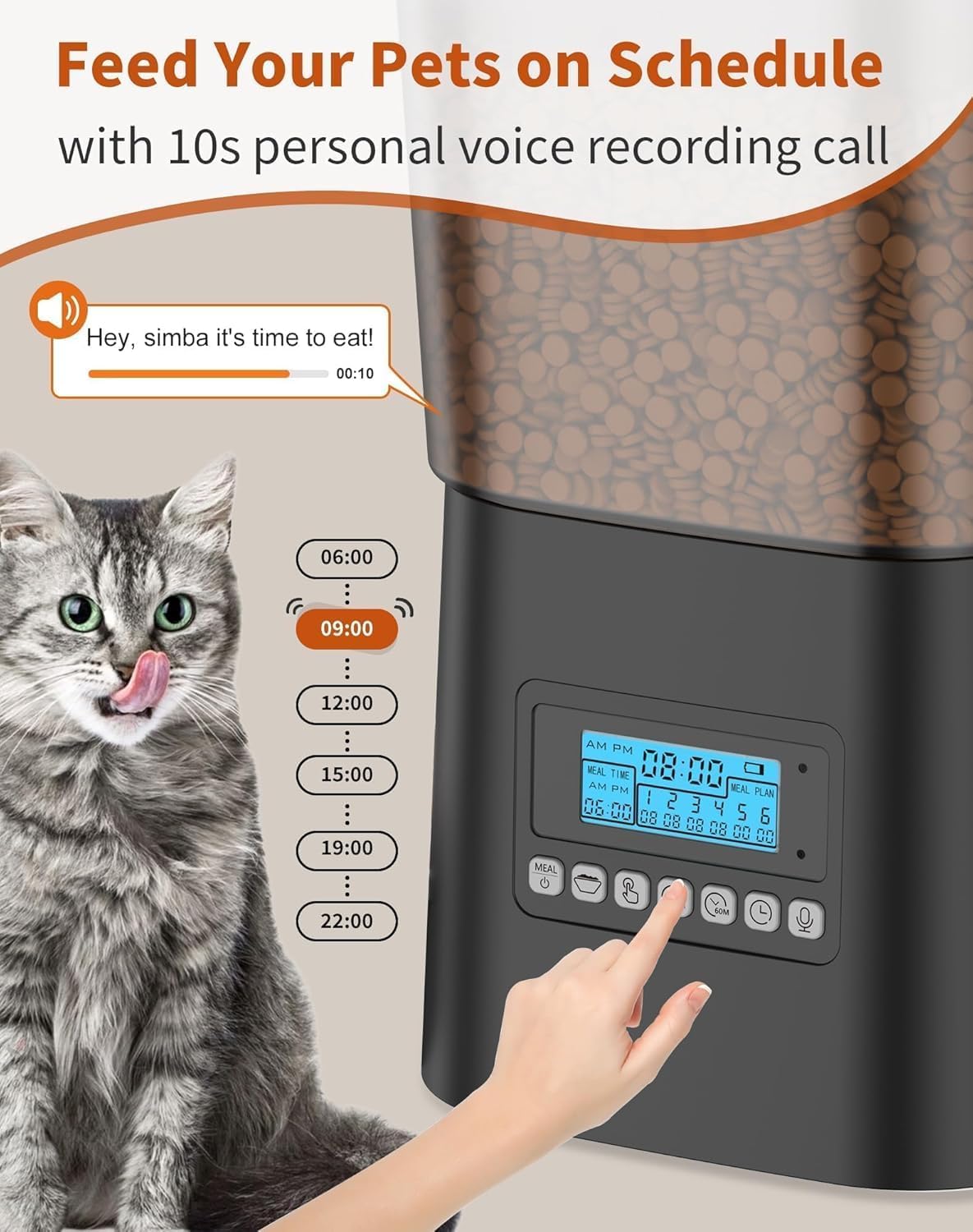 HoneyGuaridan Automatic Cat Feeders for 2 Cats, 3.5L Cat Food Dispenser with Double Bowls,Two Way Splitter Timed Cat Feeder for Dry Food, Programmable 1-6 Meals Control, Dual Power Supply, 10s Call