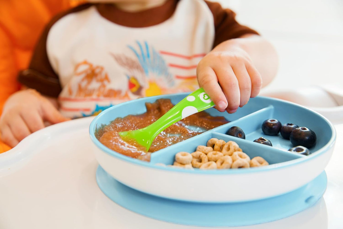 Munchkin Stay Put Baby Geteiltes Teller Set | Baby & Kleinkind Teller mit Fächern für Beikosteinführung | Saugnapfteller für Kinder ab 6 Monaten | BPA-frei | 2er Pack | Blau/Grün