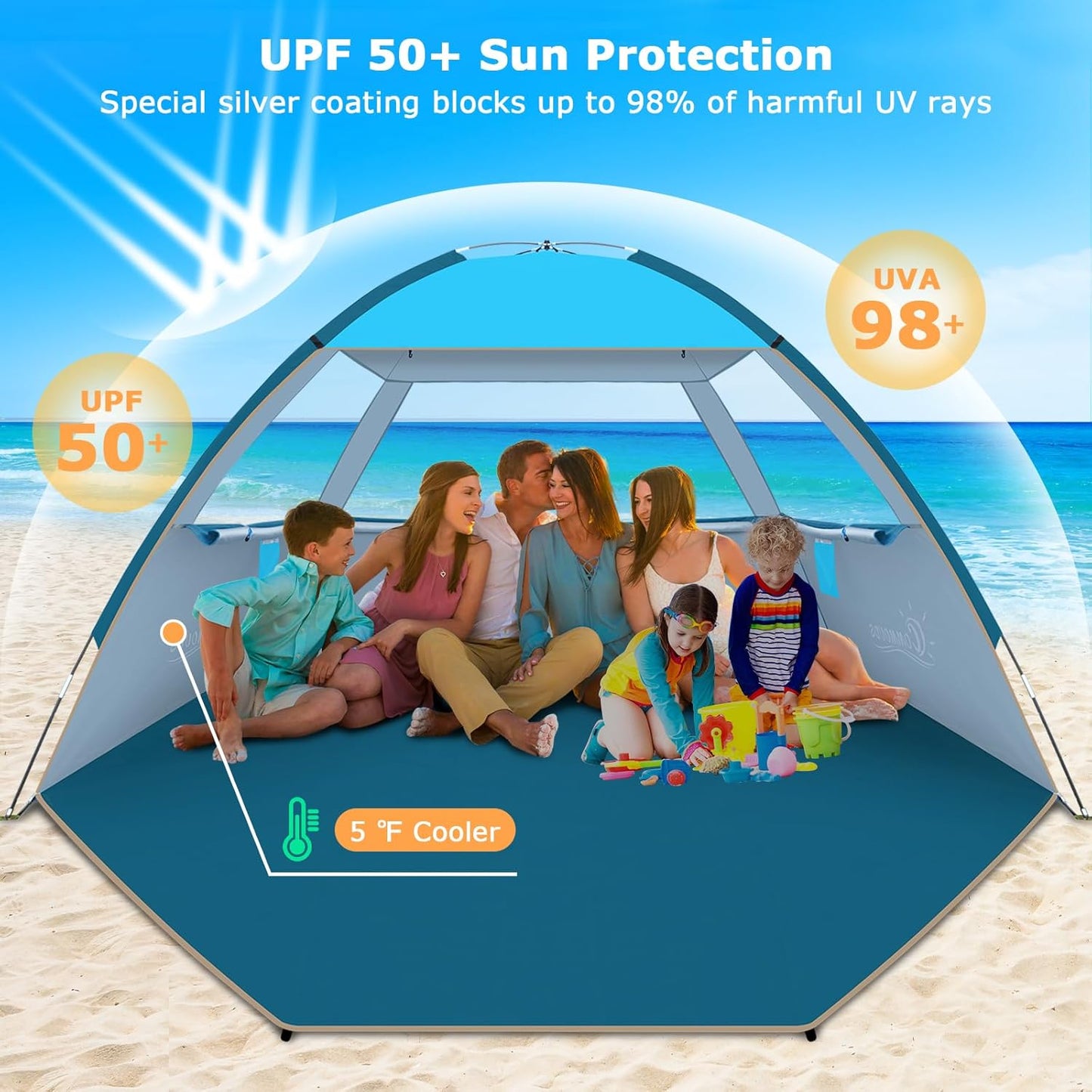 COMMOUDS Strandmuscheln für 3-4 Personen, Tragbarer Strandzelt mit UV-Schutz 50+, Familie Sonnenzelt Strand mit 3 Mesh Fenster, Schnelle Montage, Einfaches Tragen Schirm Strandmuschel für Outdoor