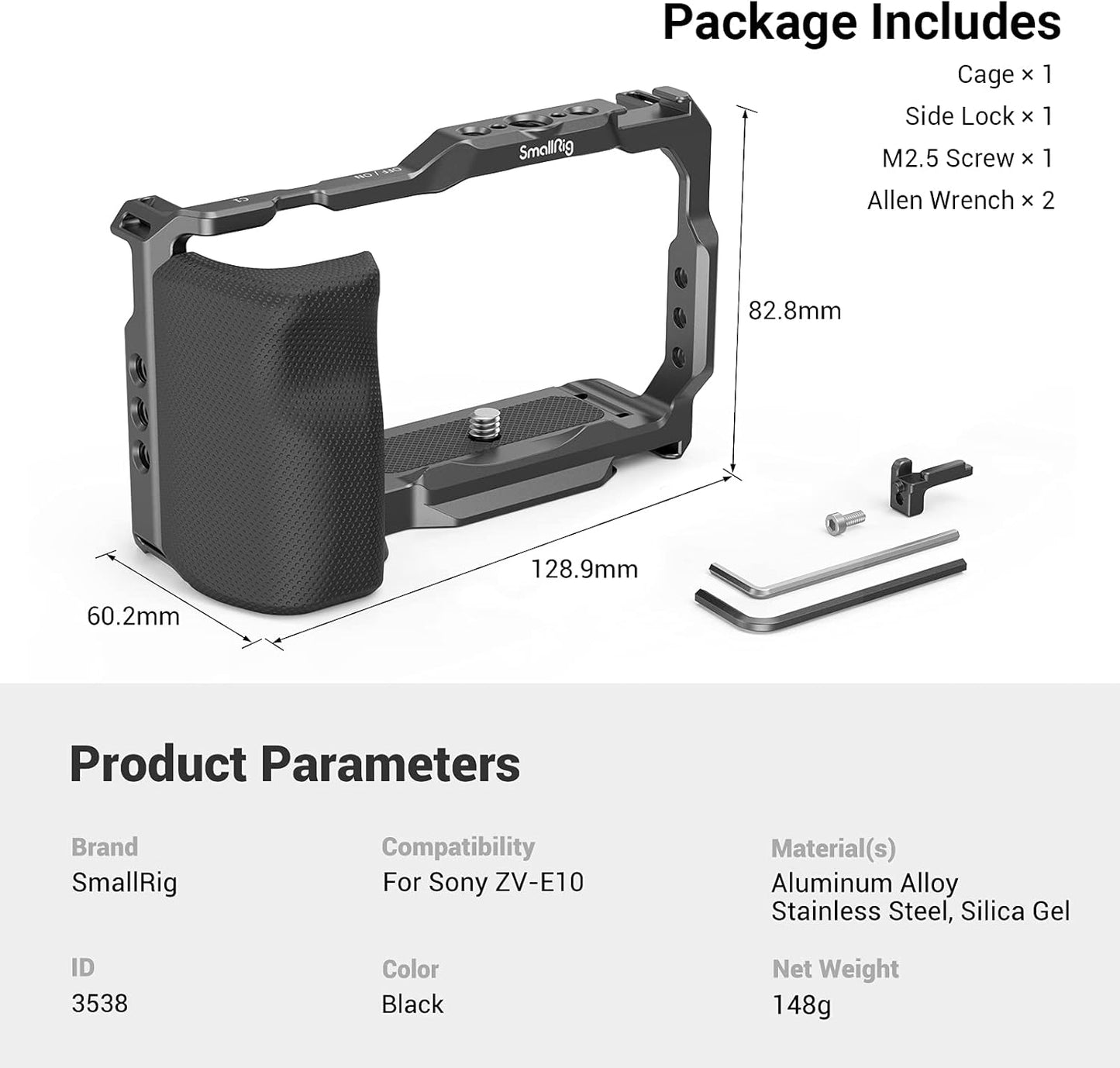 SMALLRIG ZV-E10 Cage with Handle and Integrated Quick Release Plate for AR-ca Swiss, Cage with Handle for Sony ZV-E10 - 3538