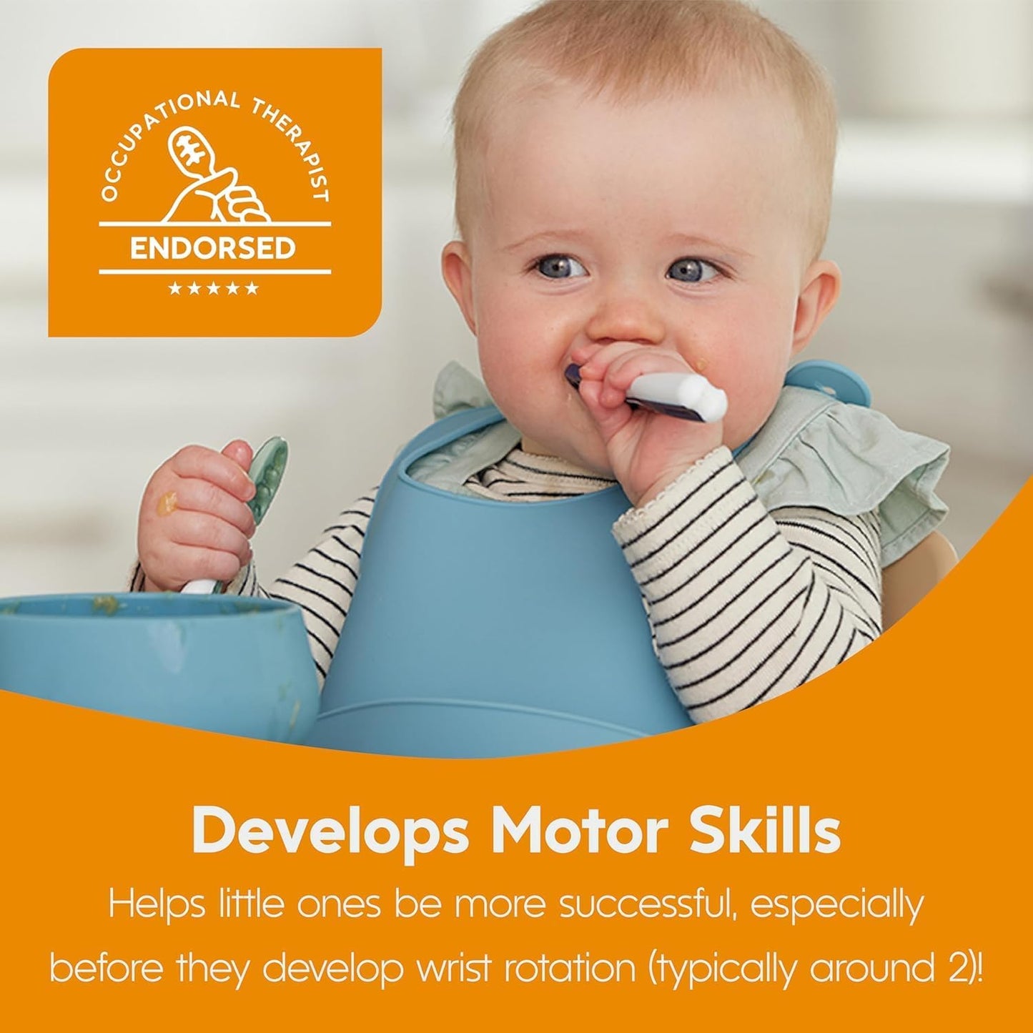 NumNum Baby Löffel 2er-Set, Silikon Esslernlöffel für Baby ab 6 Monate - BPA-frei - Lernlöffel und Breilöffel für BLW und Beikost Zubehör - Ideales Esslernbesteck - Blau/Orange