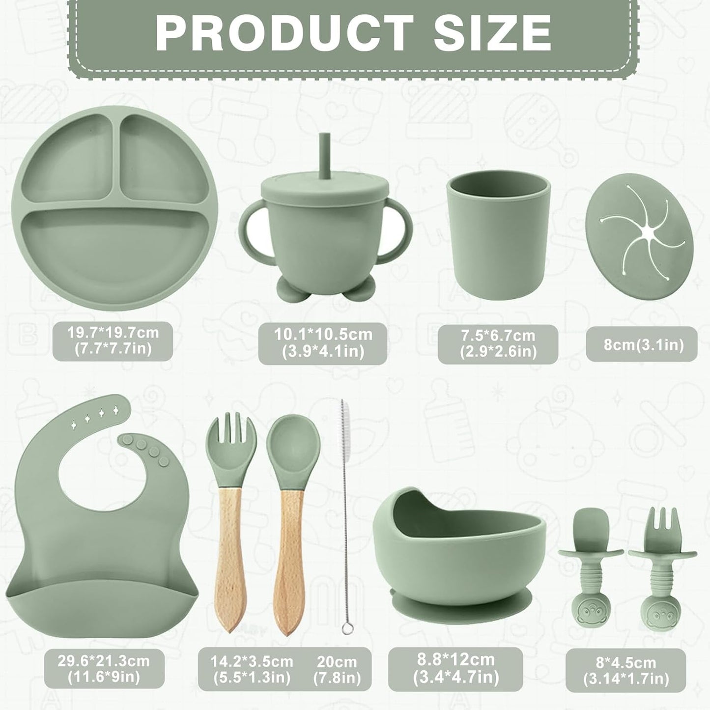 Baby Geschirrset,12er Set Kindergeschirr, Babylöffel,Trinklernbecher,Silikon Lätzchen,Baby Teller Kinderteller mit Saugnapf,Baby Led Weaning Besteck Set, BPA Frei,Spülmaschinen Und Mikrowellen Safe