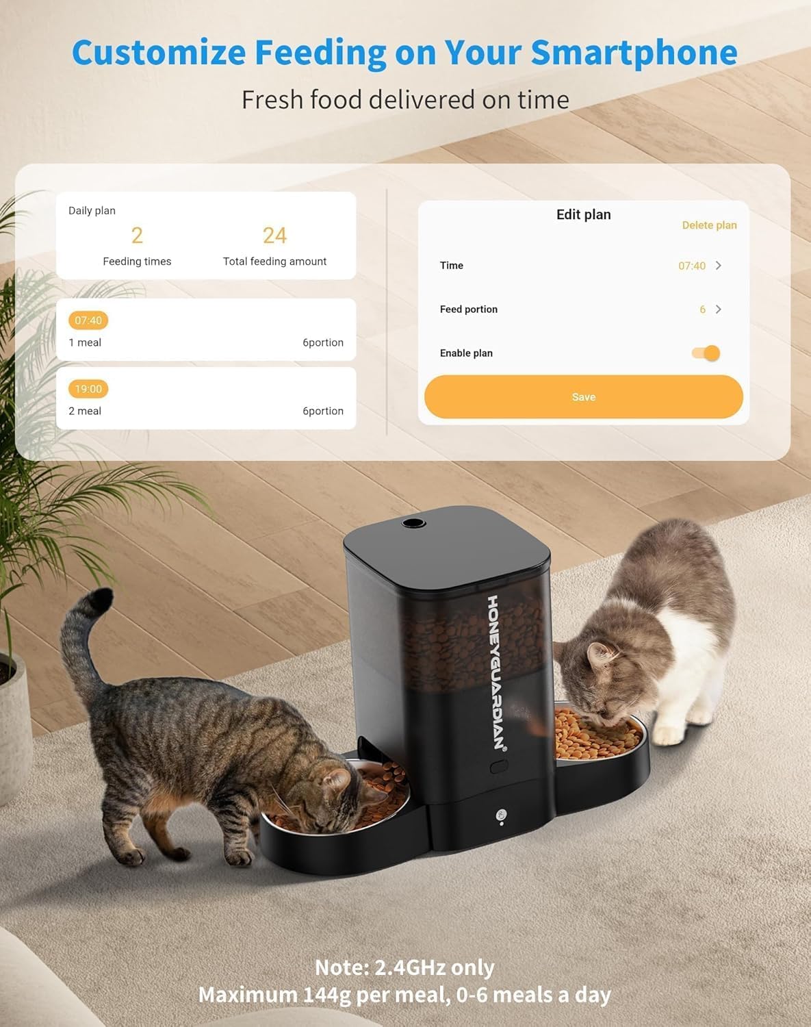 HoneyGuaridan Automatic Cat Feeders for 2 Cats, 3.5L Cat Food Dispenser with Double Bowls,Two Way Splitter Timed Cat Feeder for Dry Food, Programmable 1-6 Meals Control, Dual Power Supply, 10s Call