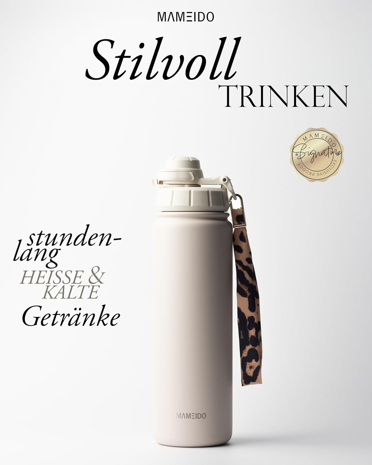 Thermosflasche mit Strohhalm 700ml, auslaufsichere Trinkflasche Edelstahl isoliert, Wasserflasche mit Trageschlaufe, Isolierflasche BPA-frei (Taupe Grey, 0,7l)
