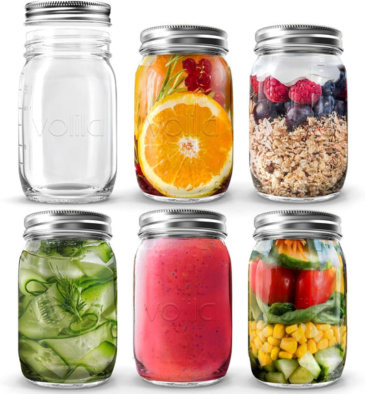 Mason Jar mit Deckeln - 490 ml Mehrzweck-Einmachgläser für Overnight Oats, Einlegen, Einmachen, Konservieren und Mahlzeitenvorbereitung - Luftdichte Einweckgläser (6er Pack - Normaler Deckel)
