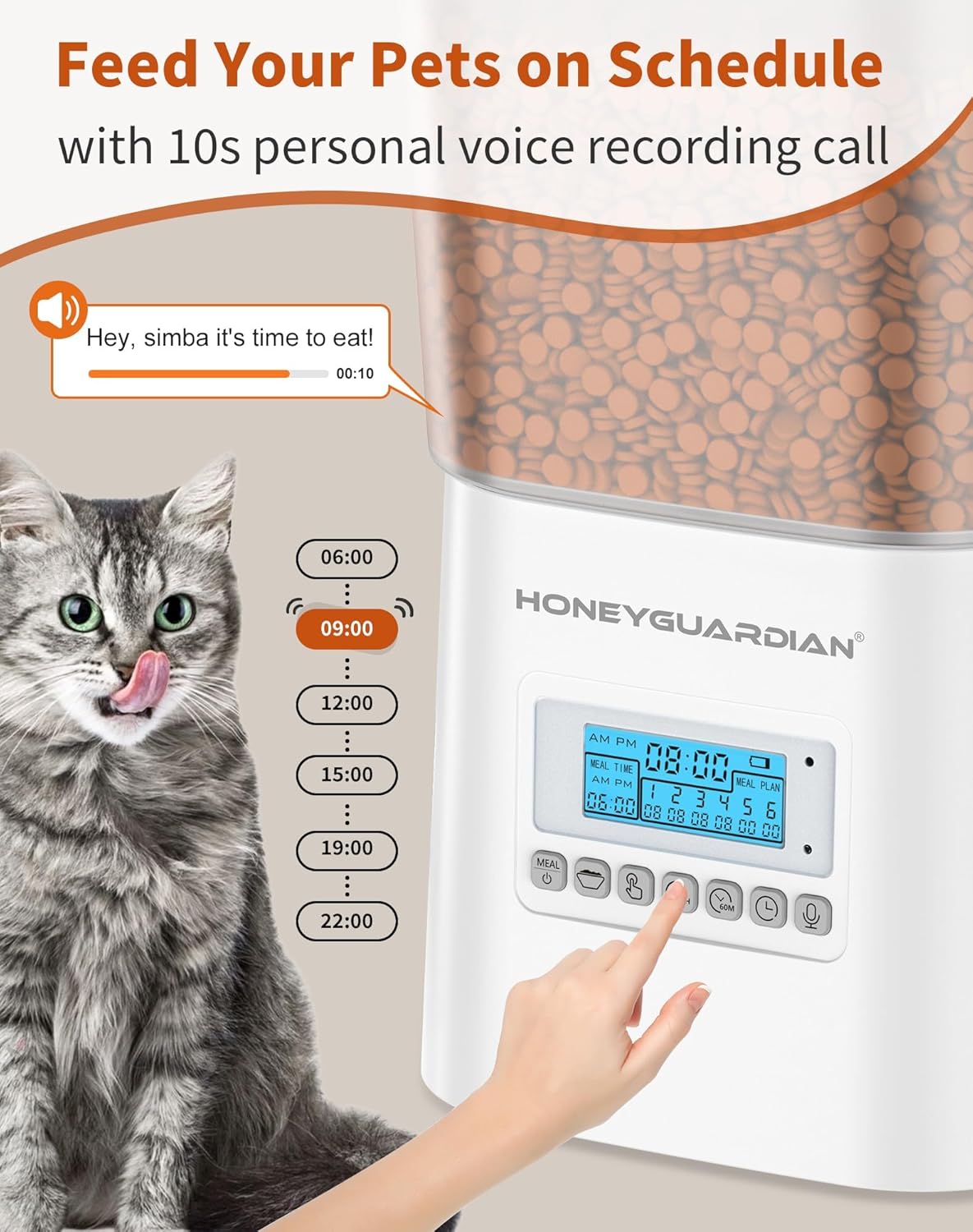 HoneyGuaridan Automatic Cat Feeders for 2 Cats, 3.5L Cat Food Dispenser with Double Bowls,Two Way Splitter Timed Cat Feeder for Dry Food, Programmable 1-6 Meals Control, Dual Power Supply, 10s Call