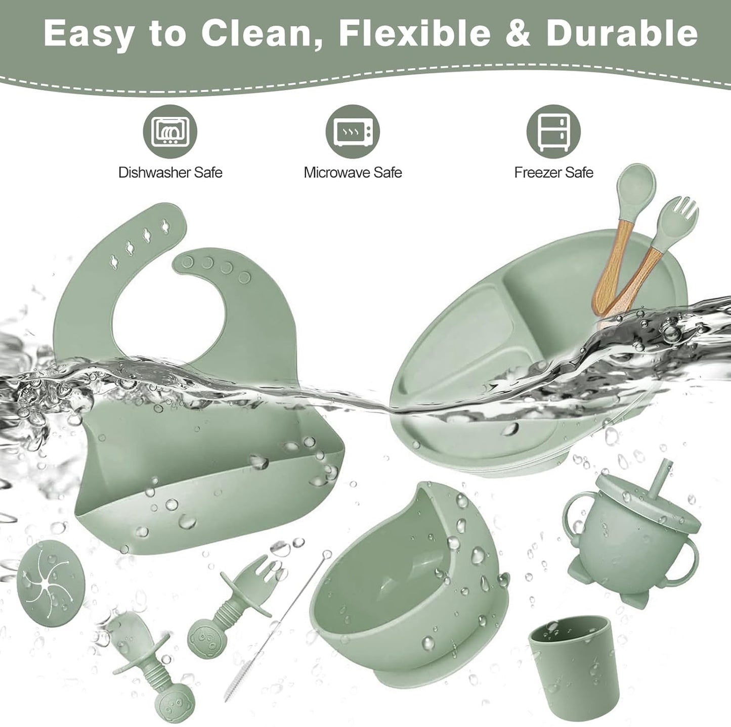 Baby Geschirrset,12er Set Kindergeschirr, Babylöffel,Trinklernbecher,Silikon Lätzchen,Baby Teller Kinderteller mit Saugnapf,Baby Led Weaning Besteck Set, BPA Frei,Spülmaschinen Und Mikrowellen Safe