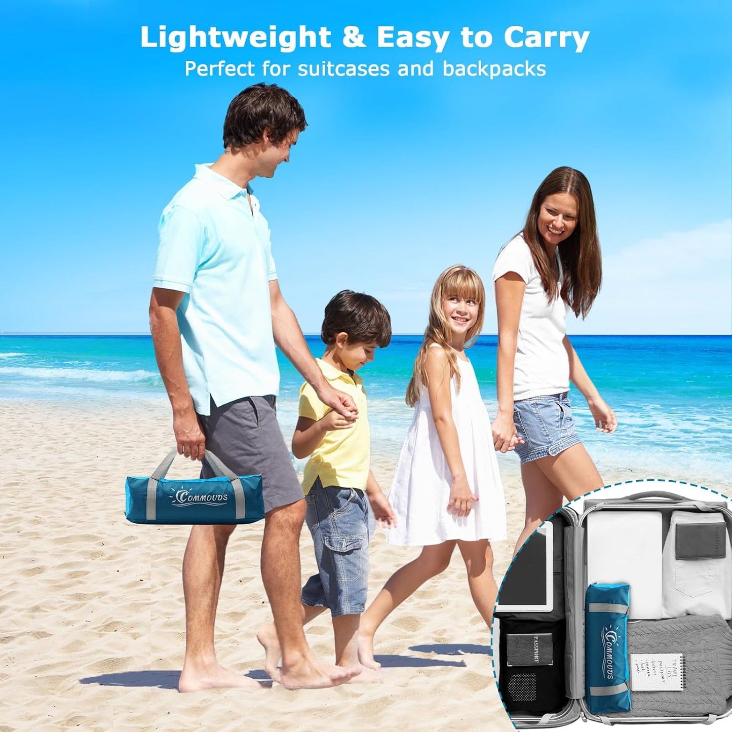 COMMOUDS Strandmuscheln für 3-4 Personen, Tragbarer Strandzelt mit UV-Schutz 50+, Familie Sonnenzelt Strand mit 3 Mesh Fenster, Schnelle Montage, Einfaches Tragen Schirm Strandmuschel für Outdoor