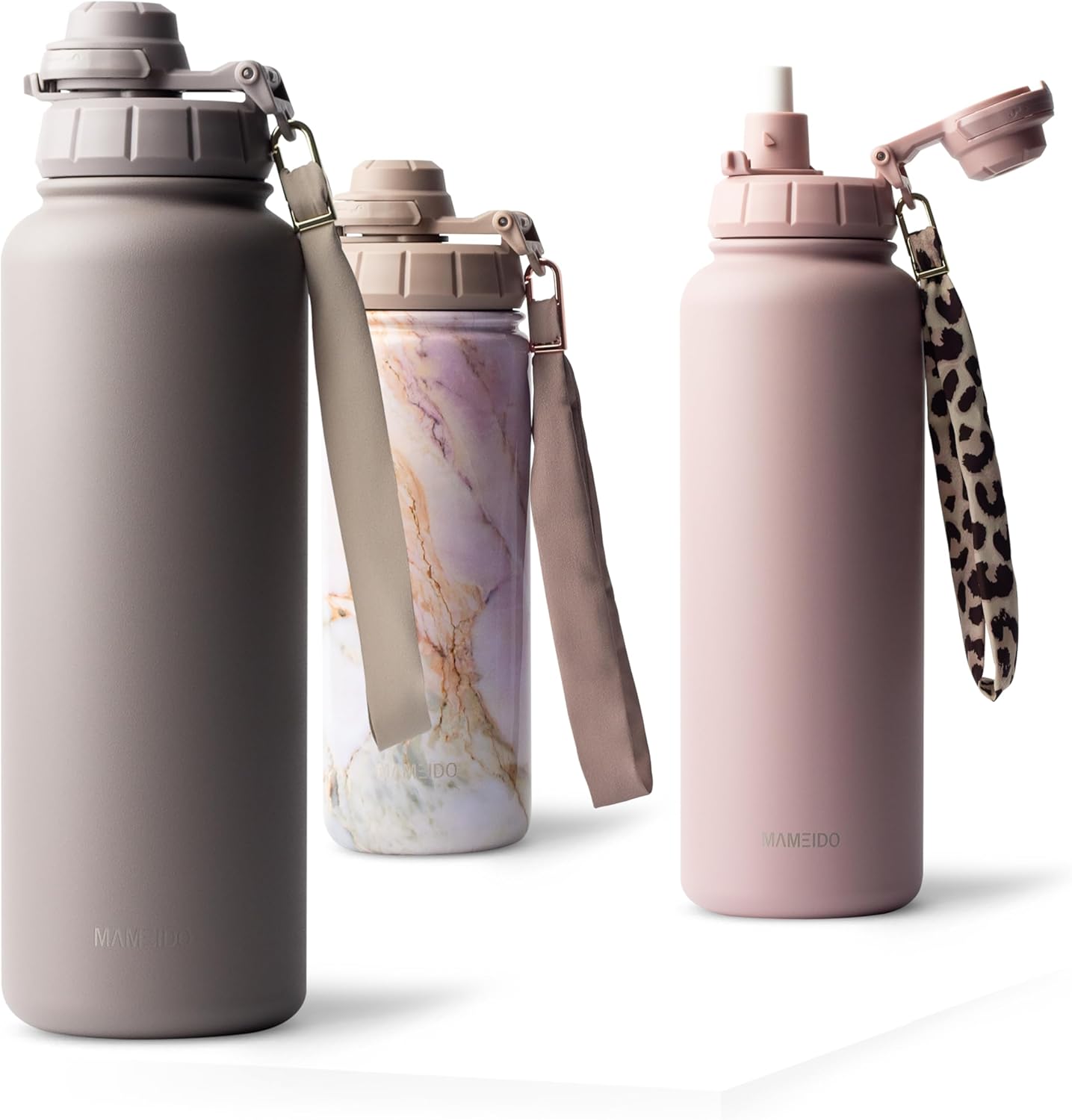 Thermosflasche mit Strohhalm 700ml, auslaufsichere Trinkflasche Edelstahl isoliert, Wasserflasche mit Trageschlaufe, Isolierflasche BPA-frei (Taupe Grey, 0,7l)