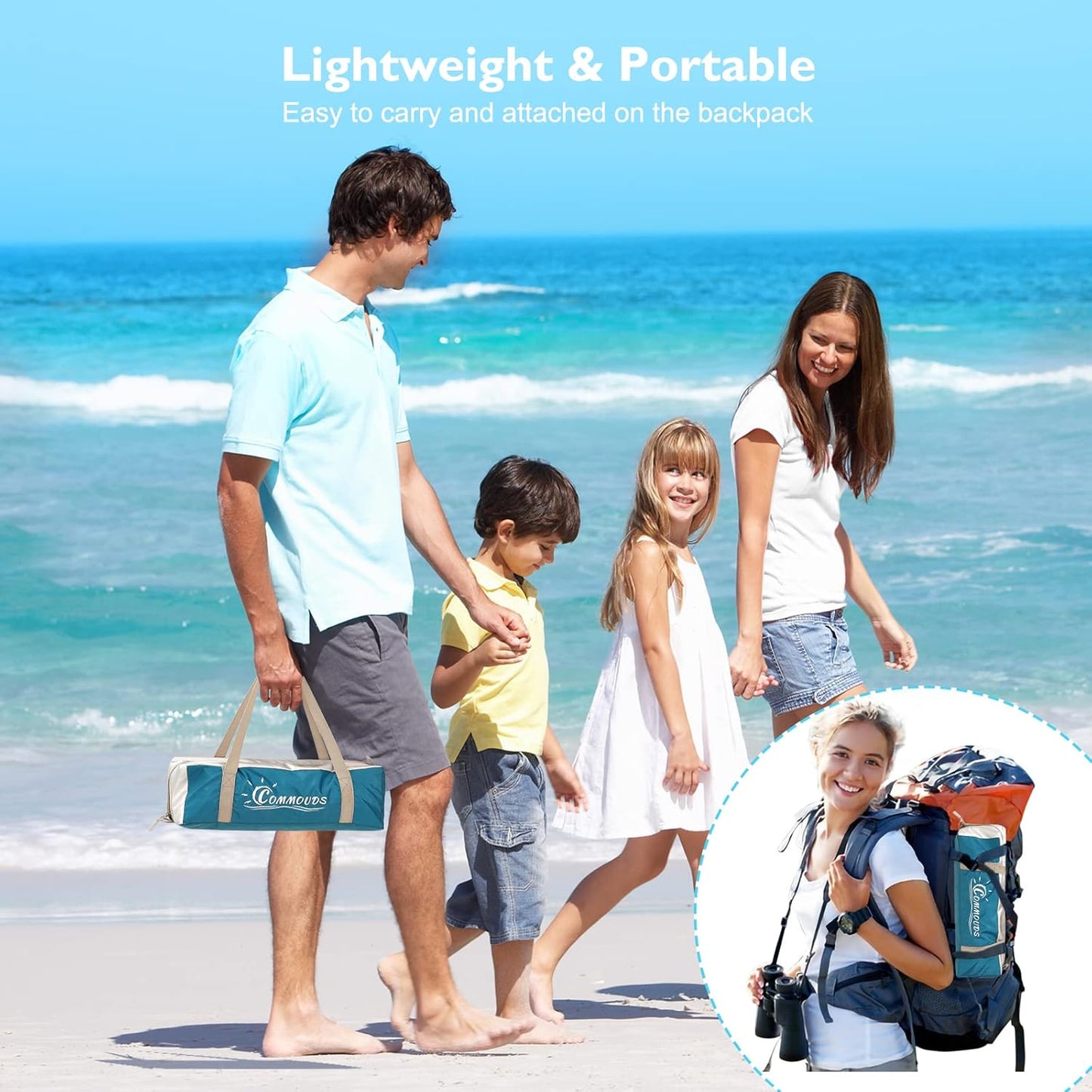 COMMOUDS Strandmuscheln für 3-4 Personen, Tragbarer Strandzelt mit UV-Schutz 50+, Familie Sonnenzelt Strand mit 3 Mesh Fenster, Schnelle Montage, Einfaches Tragen Schirm Strandmuschel für Outdoor