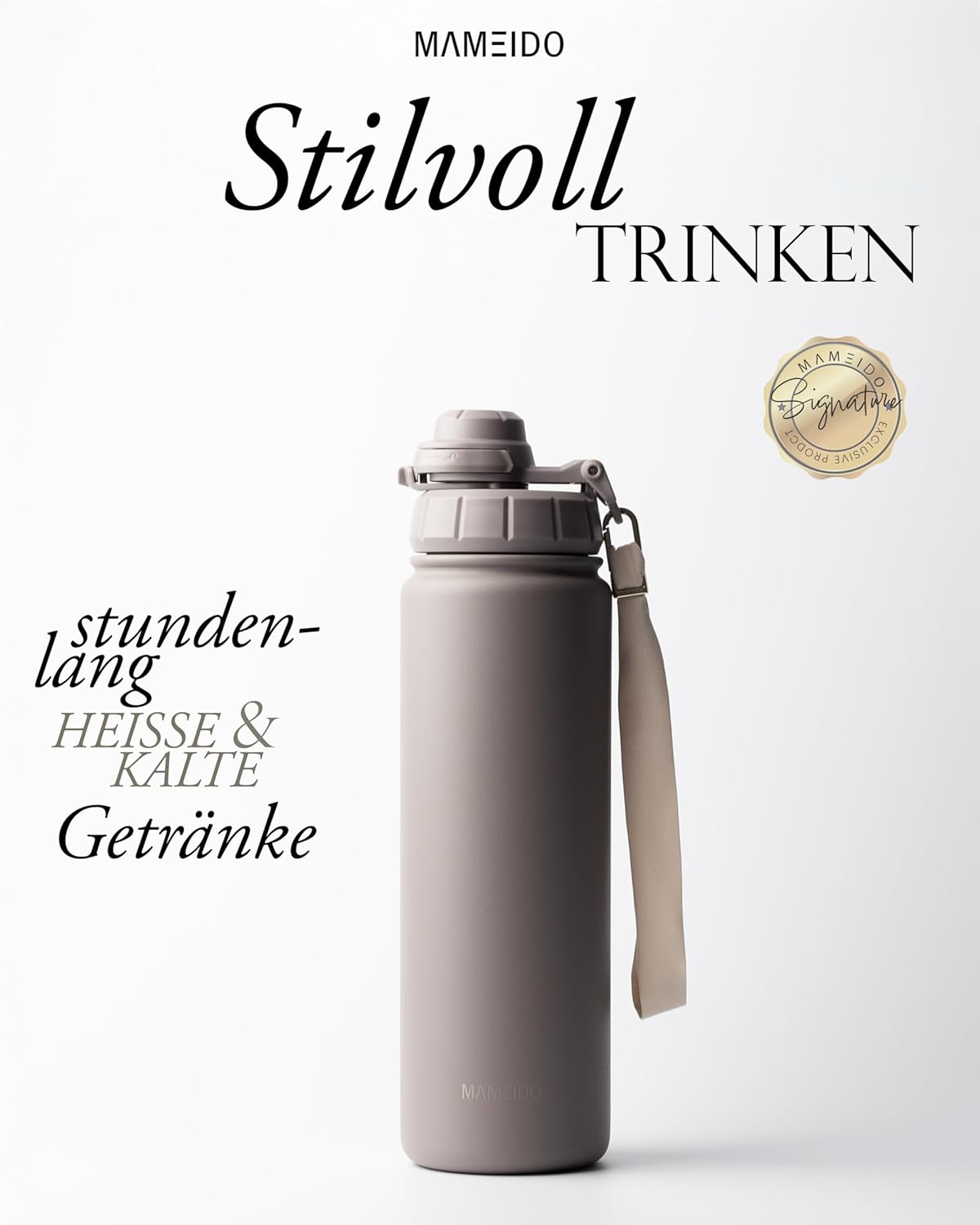 Thermosflasche mit Strohhalm 700ml, auslaufsichere Trinkflasche Edelstahl isoliert, Wasserflasche mit Trageschlaufe, Isolierflasche BPA-frei (Taupe Grey, 0,7l)