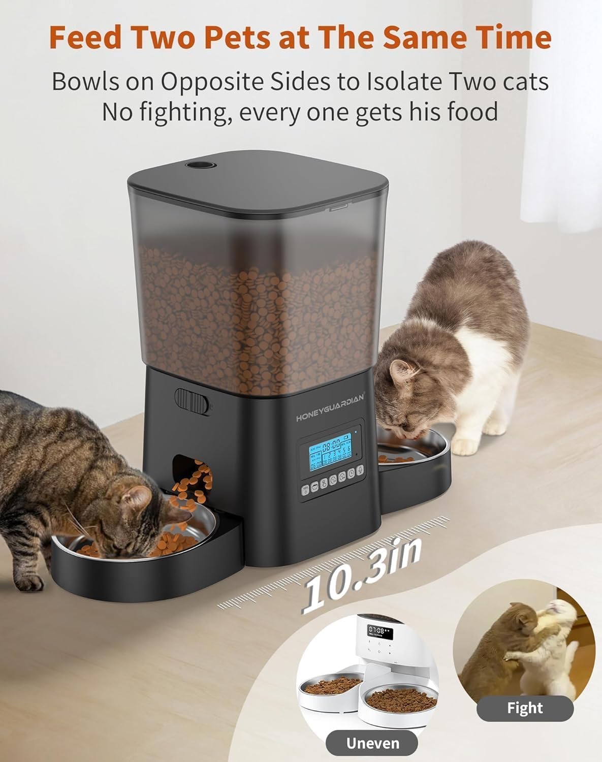 HoneyGuaridan Automatic Cat Feeders for 2 Cats, 3.5L Cat Food Dispenser with Double Bowls,Two Way Splitter Timed Cat Feeder for Dry Food, Programmable 1-6 Meals Control, Dual Power Supply, 10s Call