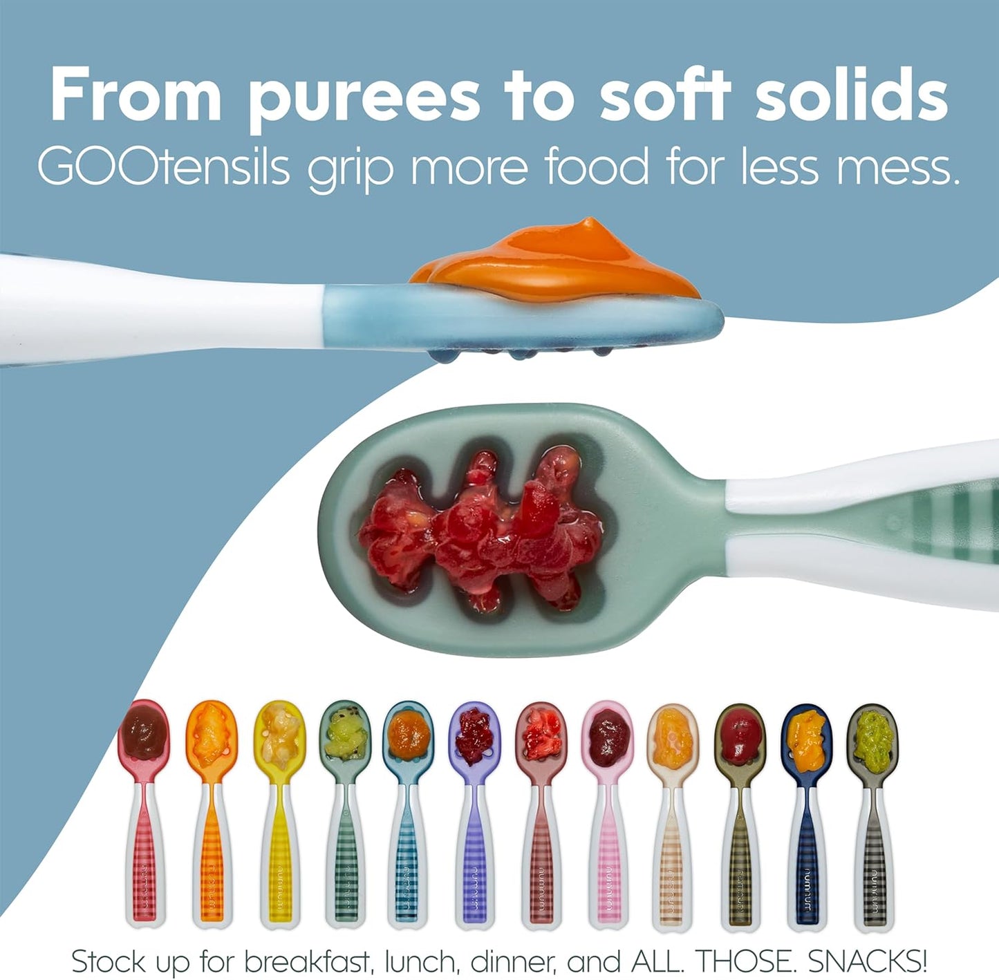 NumNum Baby Löffel 2er-Set, Silikon Esslernlöffel für Baby ab 6 Monate - BPA-frei - Lernlöffel und Breilöffel für BLW und Beikost Zubehör - Ideales Esslernbesteck - Blau/Orange