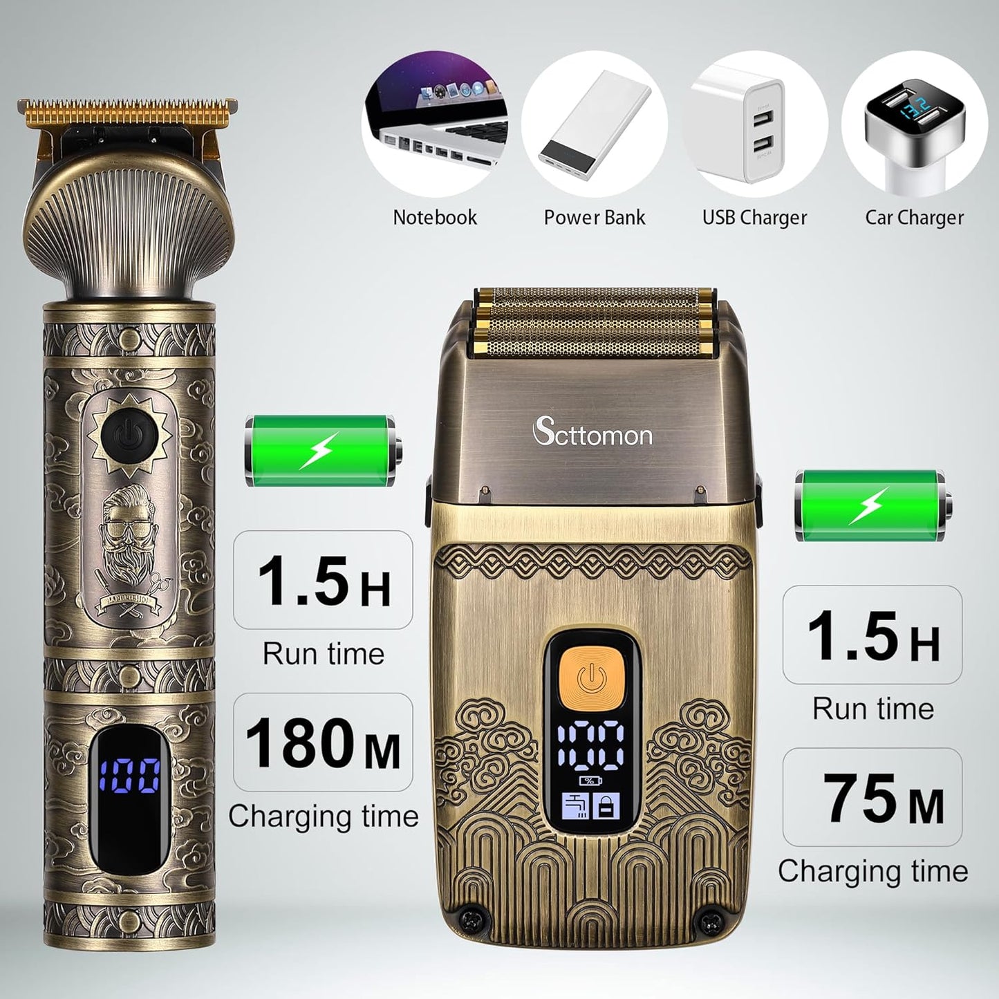 Haarschneider für Herren T-Klinge und elektrischer Rasiermesser-Barttrimmer, Herren-Schönheitspflegeset mit drei Teilen, kabellos