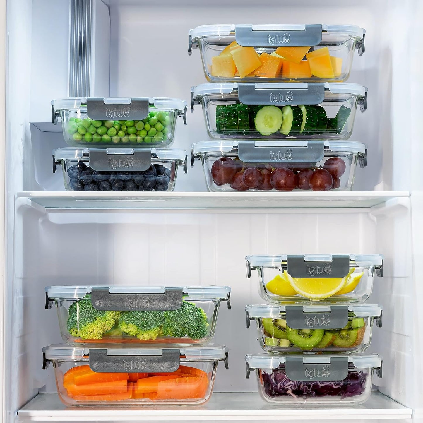 Igluu Meal Prep Glas Lebensmittel Frischhaltedosen 10 Stück, Lebensmittelbehälter mit Schnappverschluss & auslaufsichern Deckel Mikrowellen geeignet BPA frei (10 Boxen & 10 Deckel) 1050ml & 370ml