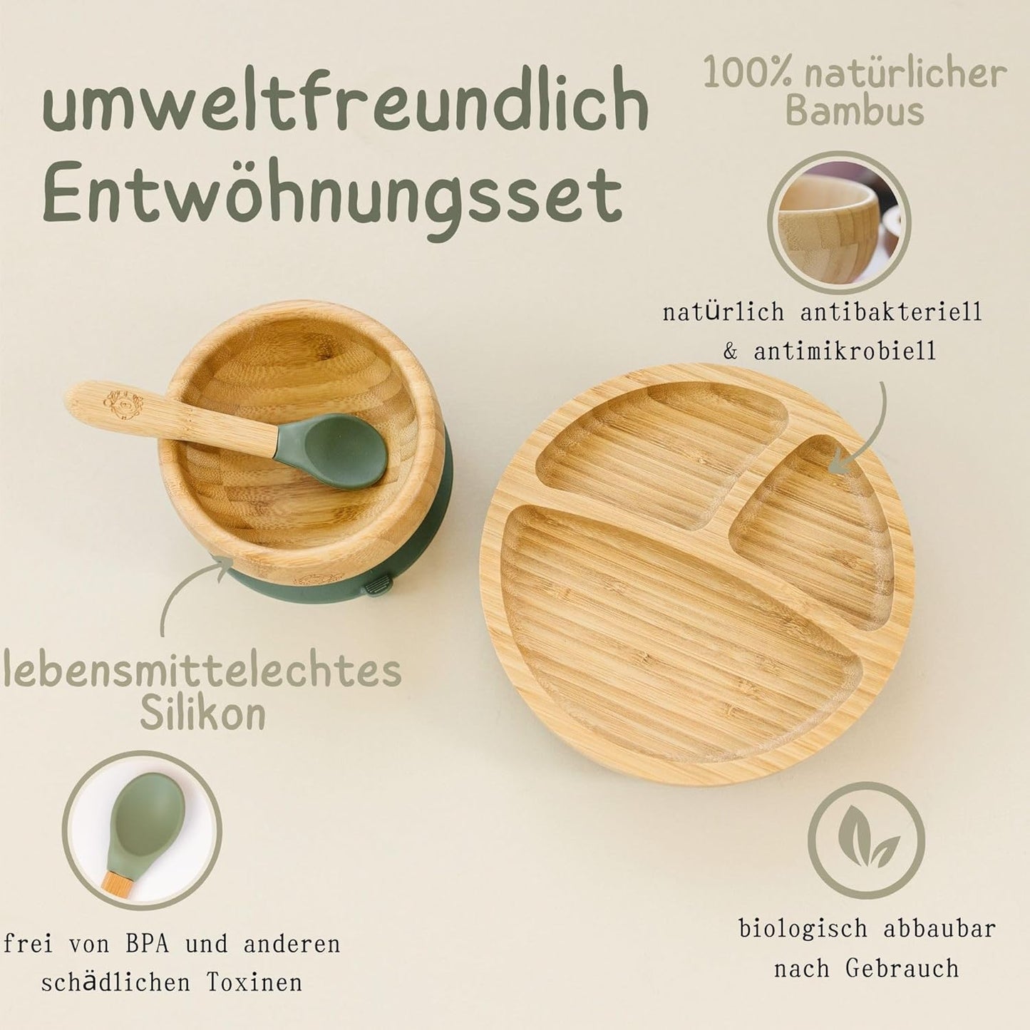 Kindergeschirr-Set | Kinderteller mit Saugnapf | Geschirrset für Kleinkinder | Unterteilter Babyteller | Bambus Babygeschirr mit Löffel fürs Essen und Füttern | Baby Teller