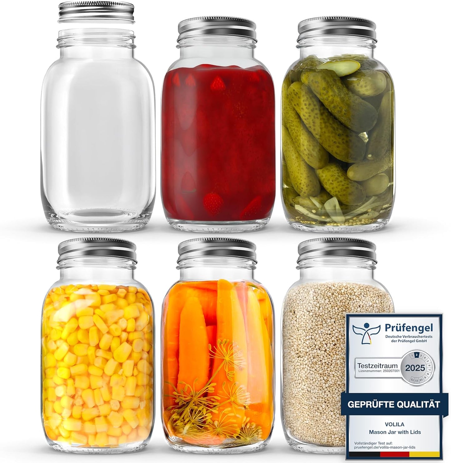 Mason Jar mit Deckeln - 490 ml Mehrzweck-Einmachgläser für Overnight Oats, Einlegen, Einmachen, Konservieren und Mahlzeitenvorbereitung - Luftdichte Einweckgläser (6er Pack - Normaler Deckel)