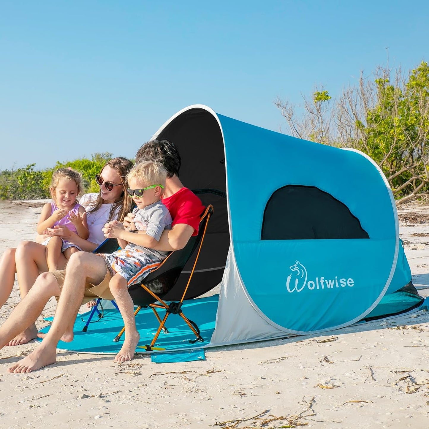 WolfWise Strandmuschel Pop-Up Zelt mit UV-Schutz 50+, 3-4 Personen Strandzelt