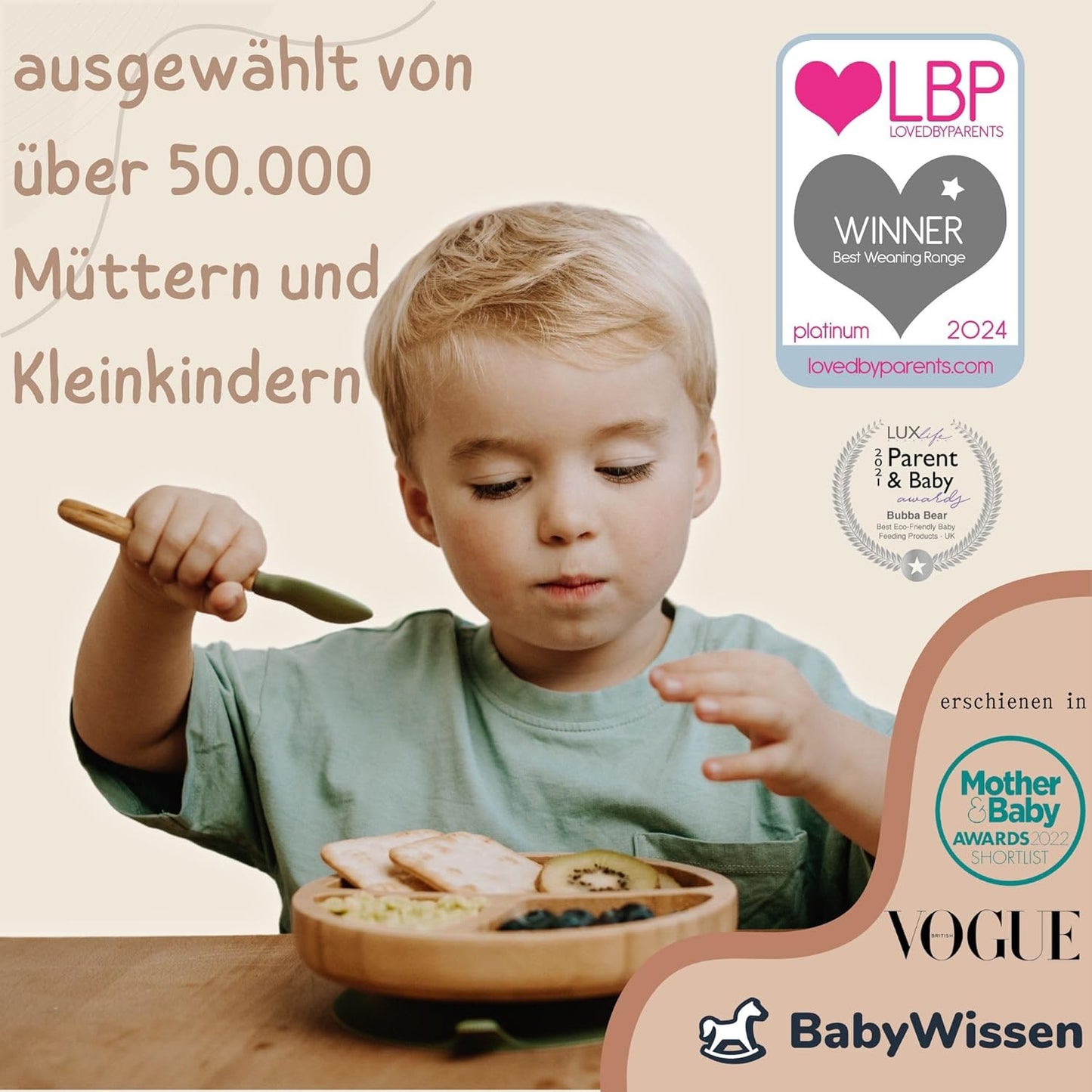 Kindergeschirr-Set | Kinderteller mit Saugnapf | Geschirrset für Kleinkinder | Unterteilter Babyteller | Bambus Babygeschirr mit Löffel fürs Essen und Füttern | Baby Teller