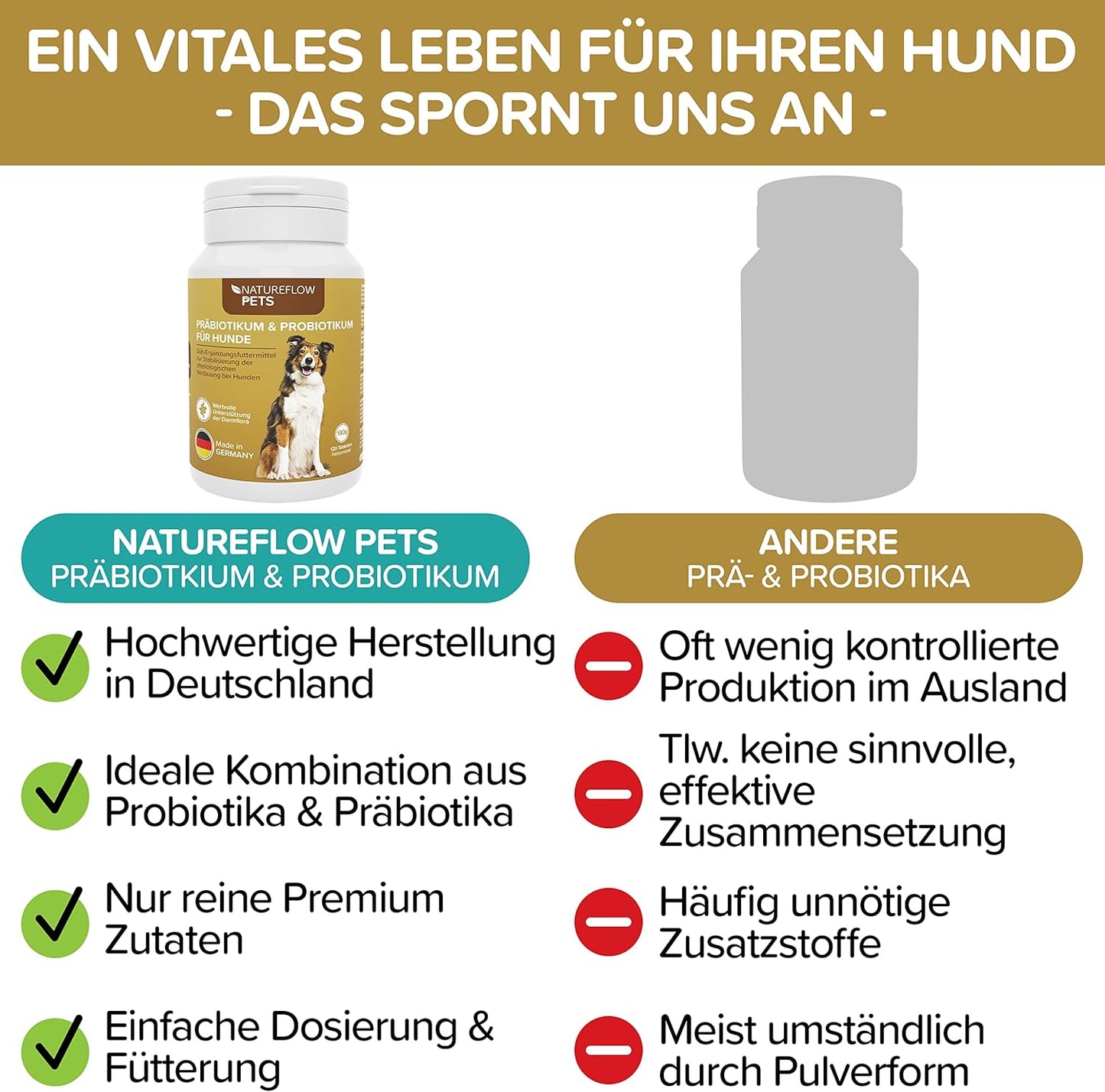 Probiotika Darmsanierung für den Hund - Premium Qualität Made in Germany - Probiotika Hund - 120 Tabletten für verbesserte Verdauung & Immunsystem - Hund Darmflora aufbauen mit Natureflow Pets