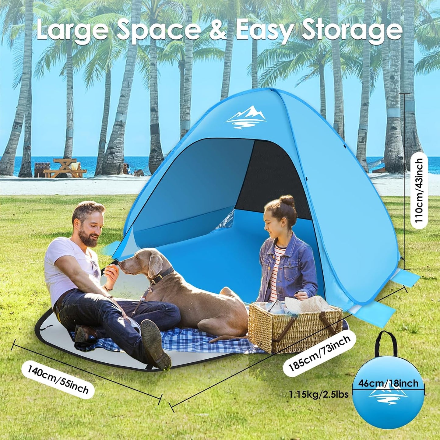 Strandmuschel Pop Up Strandzelt, Tragbare Strandmuschel für 1-2 Personen, UV-Schutz 50+, Windschutz, Campingzelt mit kleinem Packmaß, ideal für Familienstrand, inklusive Tragetasche