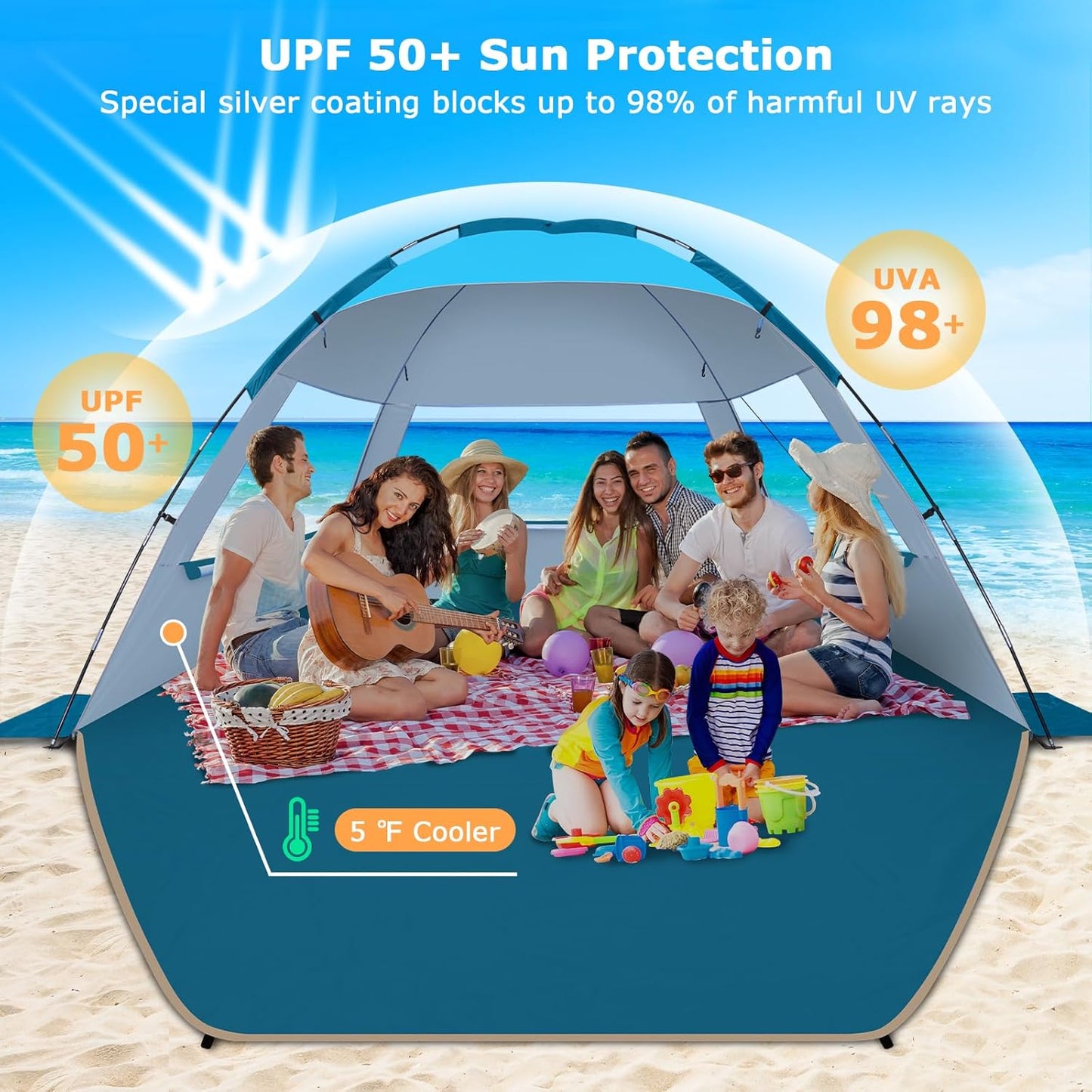 COMMOUDS Strandmuscheln für 3-4 Personen, Tragbarer Strandzelt mit UV-Schutz 50+, Familie Sonnenzelt Strand mit 3 Mesh Fenster, Schnelle Montage, Einfaches Tragen Schirm Strandmuschel für Outdoor