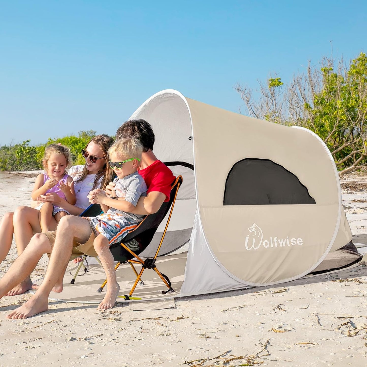 WolfWise Strandmuschel Pop-Up Zelt mit UV-Schutz 50+, 3-4 Personen Strandzelt