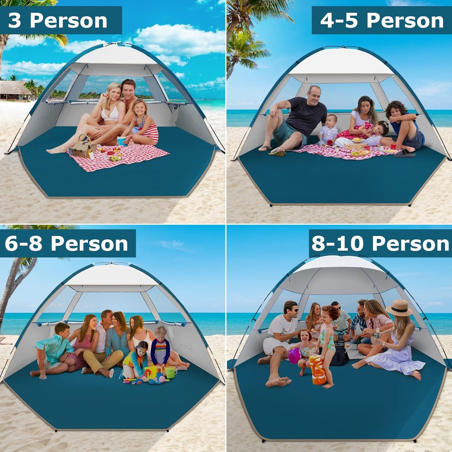 COMMOUDS Strandmuscheln für 3-4 Personen, Tragbarer Strandzelt mit UV-Schutz 50+, Familie Sonnenzelt Strand mit 3 Mesh Fenster, Schnelle Montage, Einfaches Tragen Schirm Strandmuschel für Outdoor