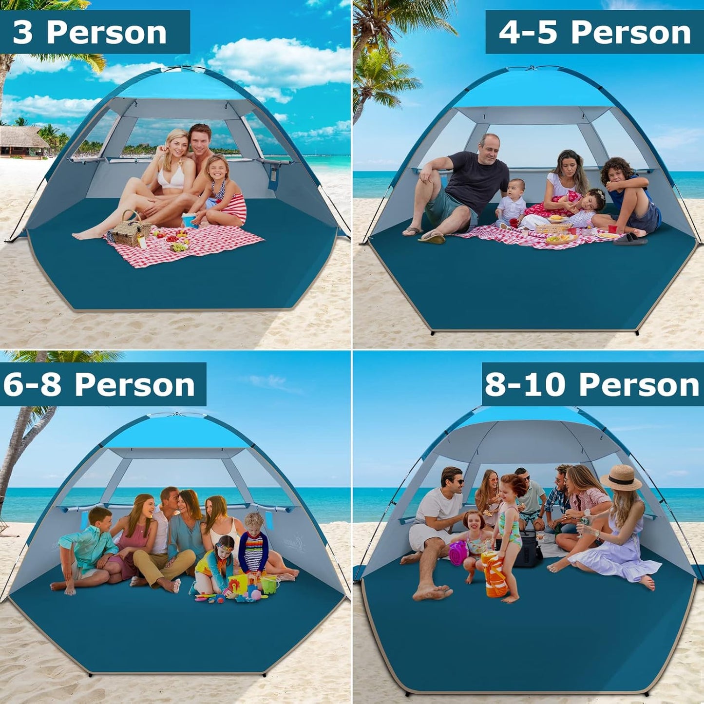 COMMOUDS Strandmuscheln für 3-4 Personen, Tragbarer Strandzelt mit UV-Schutz 50+, Familie Sonnenzelt Strand mit 3 Mesh Fenster, Schnelle Montage, Einfaches Tragen Schirm Strandmuschel für Outdoor