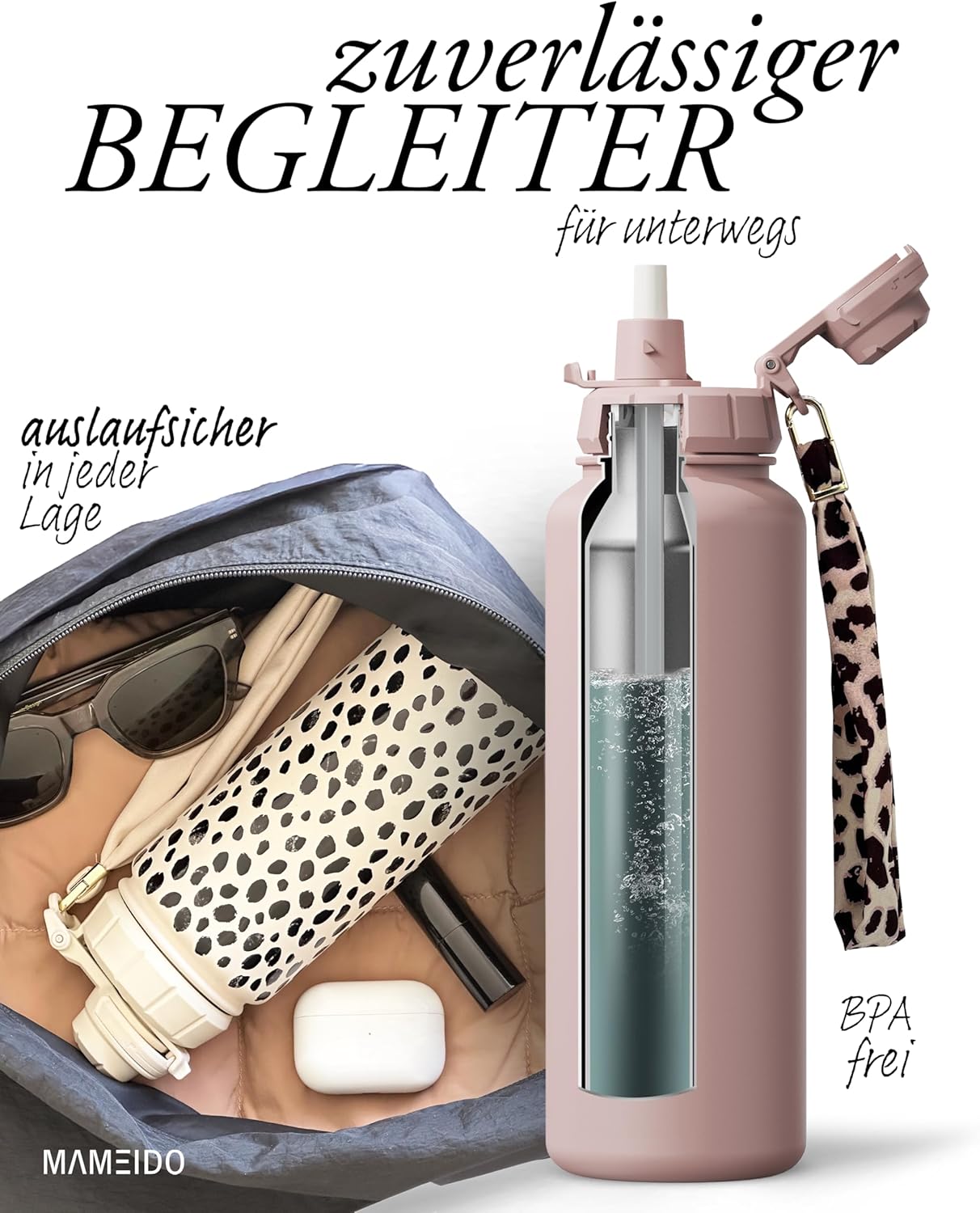 Thermosflasche mit Strohhalm 700ml, auslaufsichere Trinkflasche Edelstahl isoliert, Wasserflasche mit Trageschlaufe, Isolierflasche BPA-frei (Taupe Grey, 0,7l)