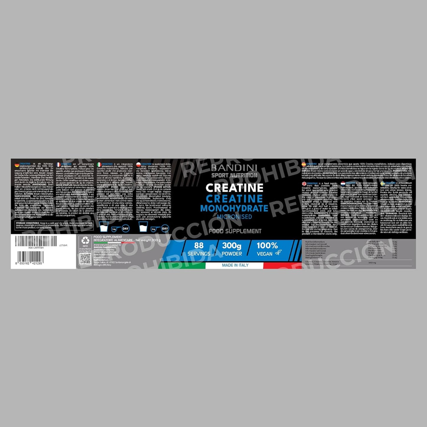 Bandini® Kreatin Pulver Mikrofasern, 100 % reines Kreatin-Monohydrat für Leistung und Muskelkraft, geschmacksneutral, inklusive 88 Portionen Dosierer, 300 Gramm, vegan – Kreatin Pulver