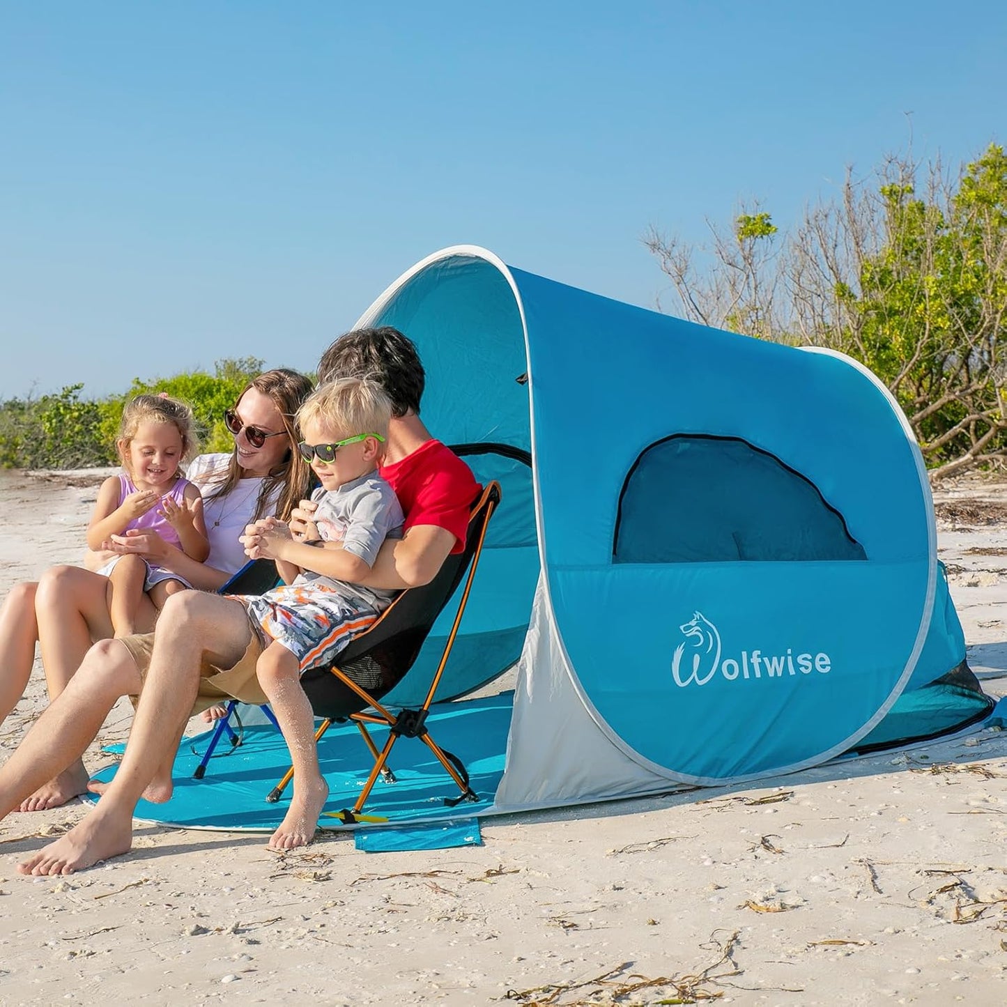 WolfWise Strandmuschel Pop-Up Zelt mit UV-Schutz 50+, 3-4 Personen Strandzelt