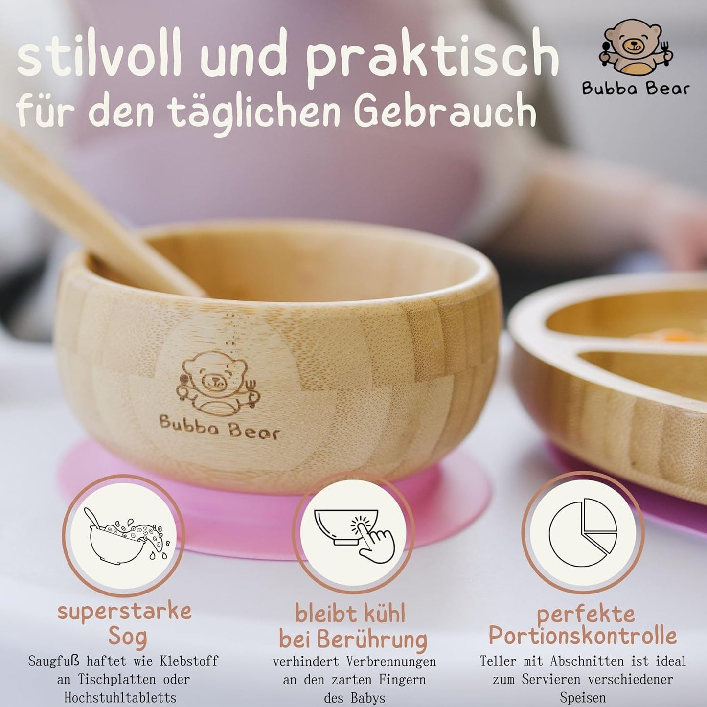 Kindergeschirr-Set | Kinderteller mit Saugnapf | Geschirrset für Kleinkinder | Unterteilter Babyteller | Bambus Babygeschirr mit Löffel fürs Essen und Füttern | Baby Teller