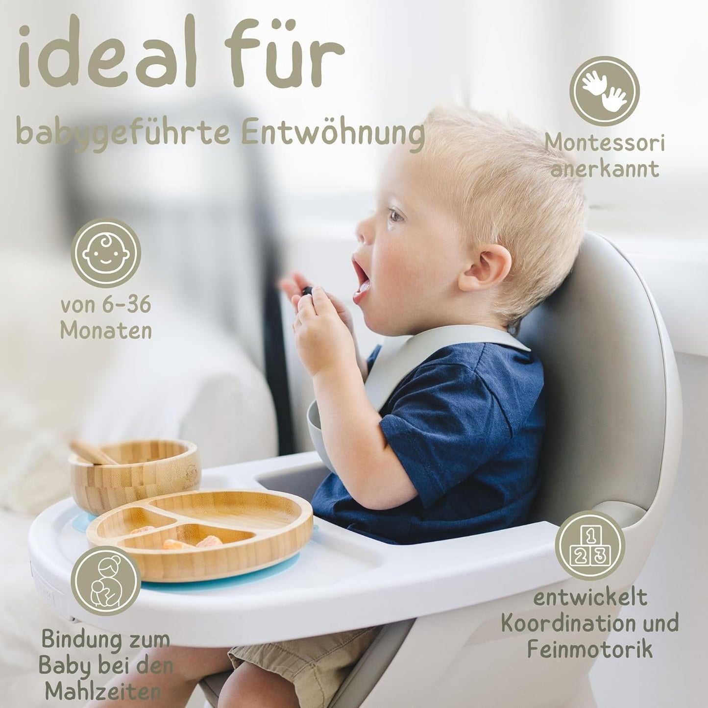 Kindergeschirr-Set | Kinderteller mit Saugnapf | Geschirrset für Kleinkinder | Unterteilter Babyteller | Bambus Babygeschirr mit Löffel fürs Essen und Füttern | Baby Teller
