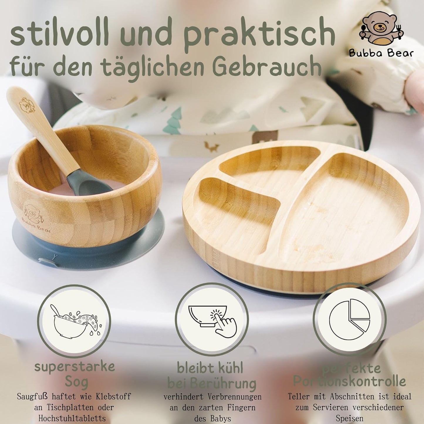 Kindergeschirr-Set | Kinderteller mit Saugnapf | Geschirrset für Kleinkinder | Unterteilter Babyteller | Bambus Babygeschirr mit Löffel fürs Essen und Füttern | Baby Teller