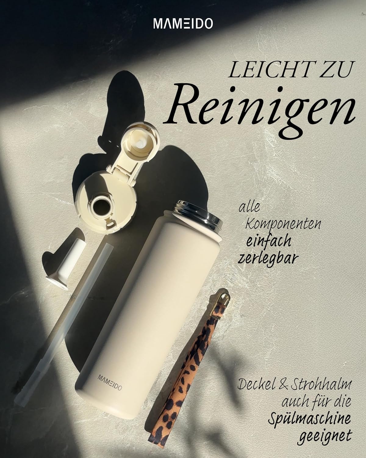 Thermosflasche mit Strohhalm 700ml, auslaufsichere Trinkflasche Edelstahl isoliert, Wasserflasche mit Trageschlaufe, Isolierflasche BPA-frei (Taupe Grey, 0,7l)