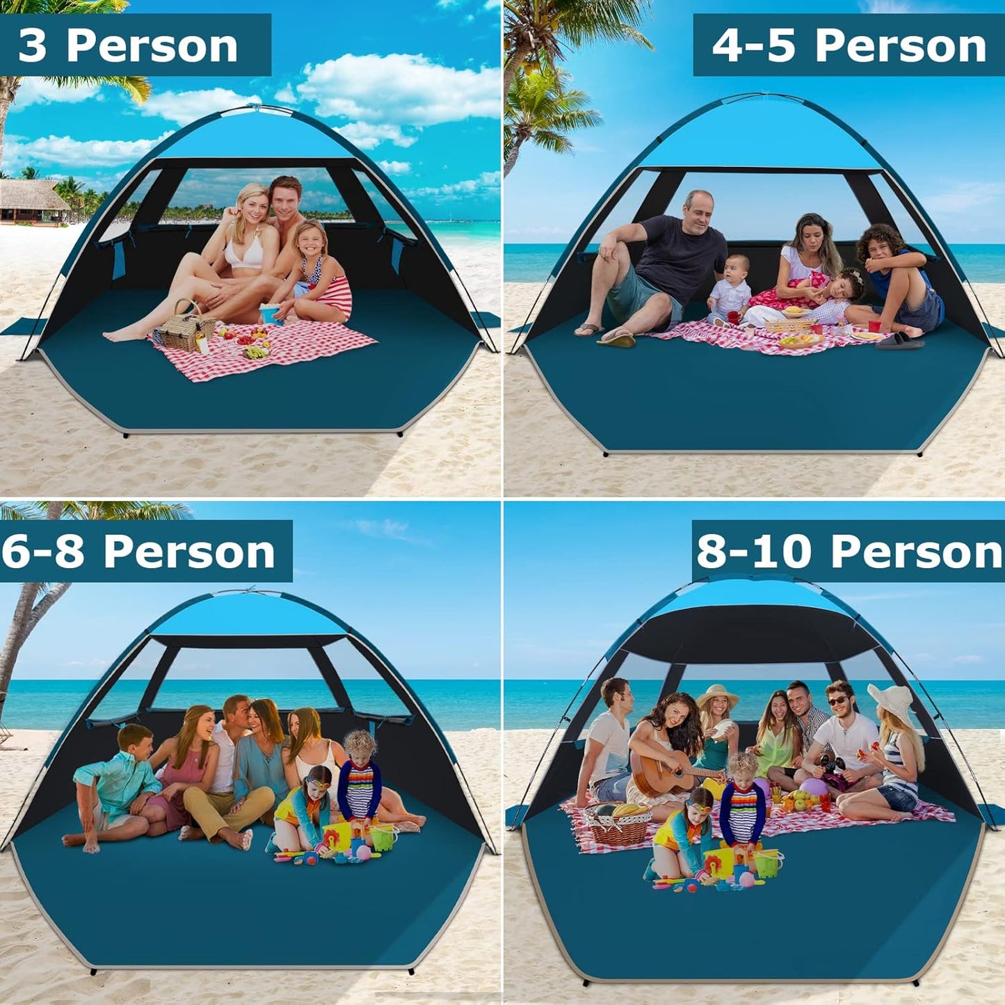 COMMOUDS Strandmuscheln für 3-4 Personen, Tragbarer Strandzelt mit UV-Schutz 50+, Familie Sonnenzelt Strand mit 3 Mesh Fenster, Schnelle Montage, Einfaches Tragen Schirm Strandmuschel für Outdoor
