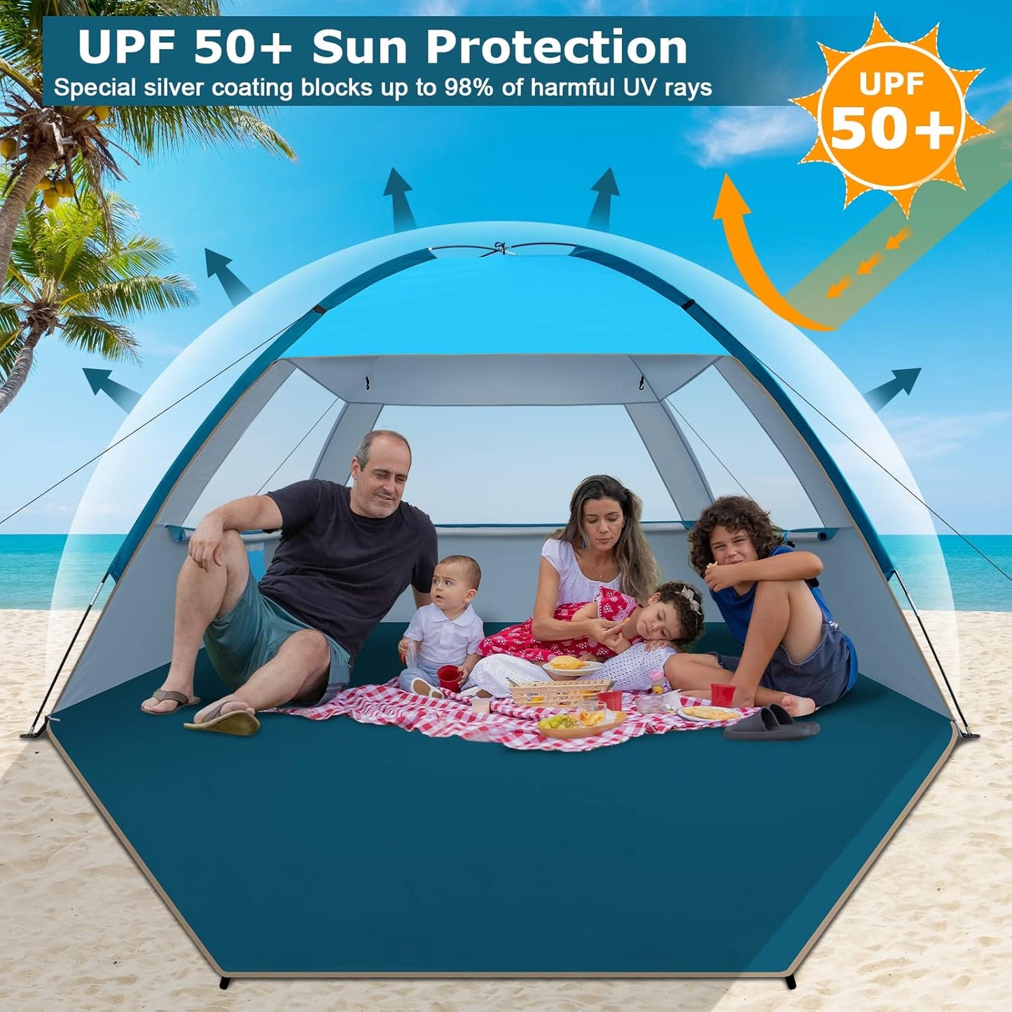 COMMOUDS Strandmuscheln für 3-4 Personen, Tragbarer Strandzelt mit UV-Schutz 50+, Familie Sonnenzelt Strand mit 3 Mesh Fenster, Schnelle Montage, Einfaches Tragen Schirm Strandmuschel für Outdoor
