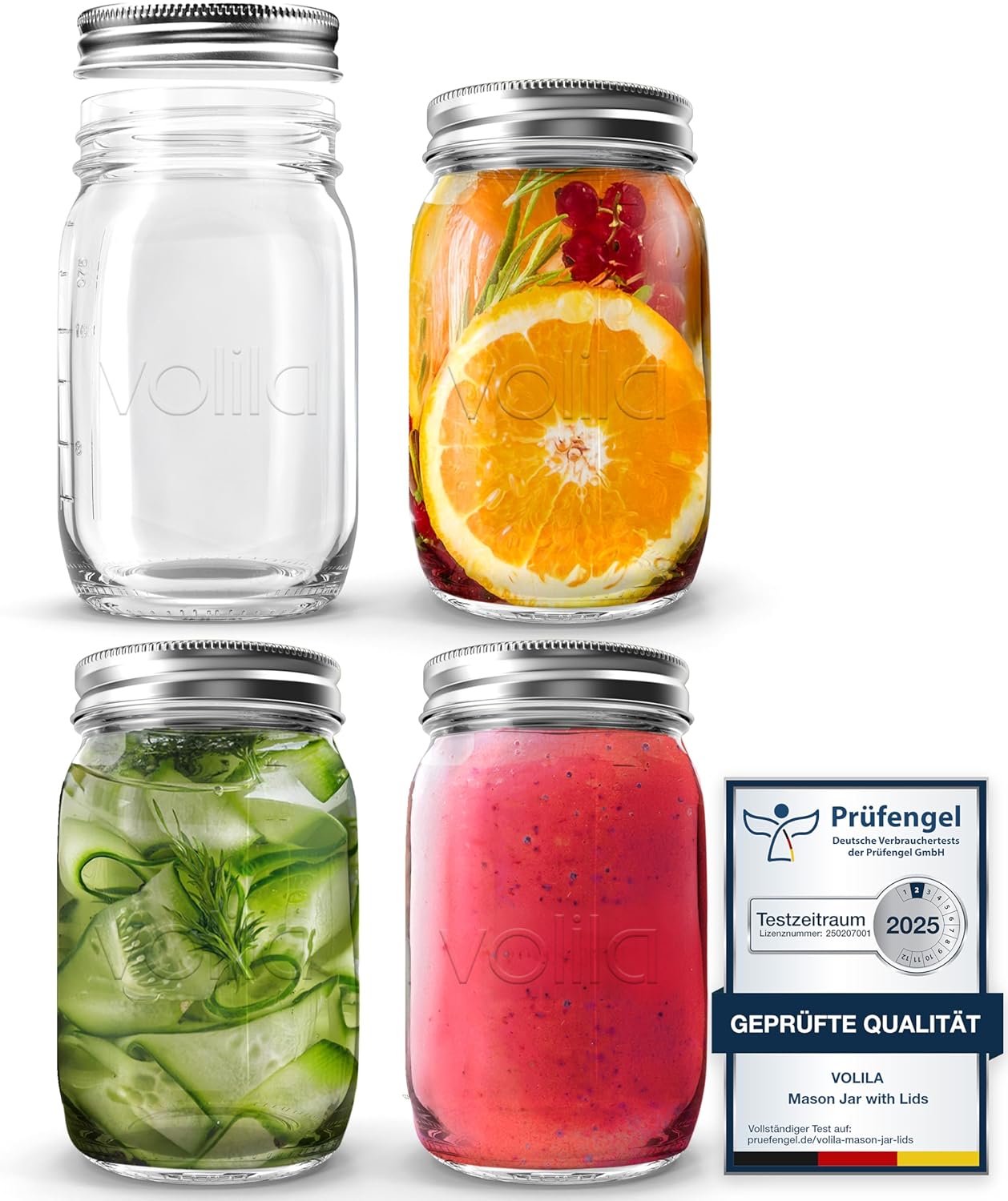 Mason Jar mit Deckeln - 490 ml Mehrzweck-Einmachgläser für Overnight Oats, Einlegen, Einmachen, Konservieren und Mahlzeitenvorbereitung - Luftdichte Einweckgläser (6er Pack - Normaler Deckel)