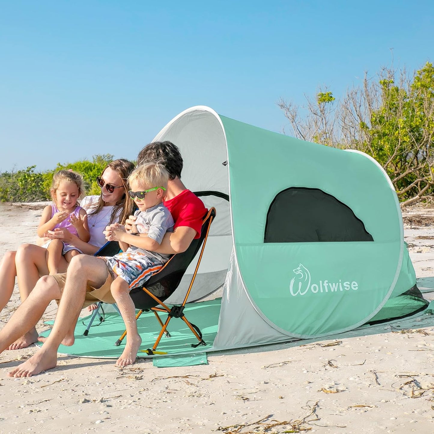 WolfWise Strandmuschel Pop-Up Zelt mit UV-Schutz 50+, 3-4 Personen Strandzelt