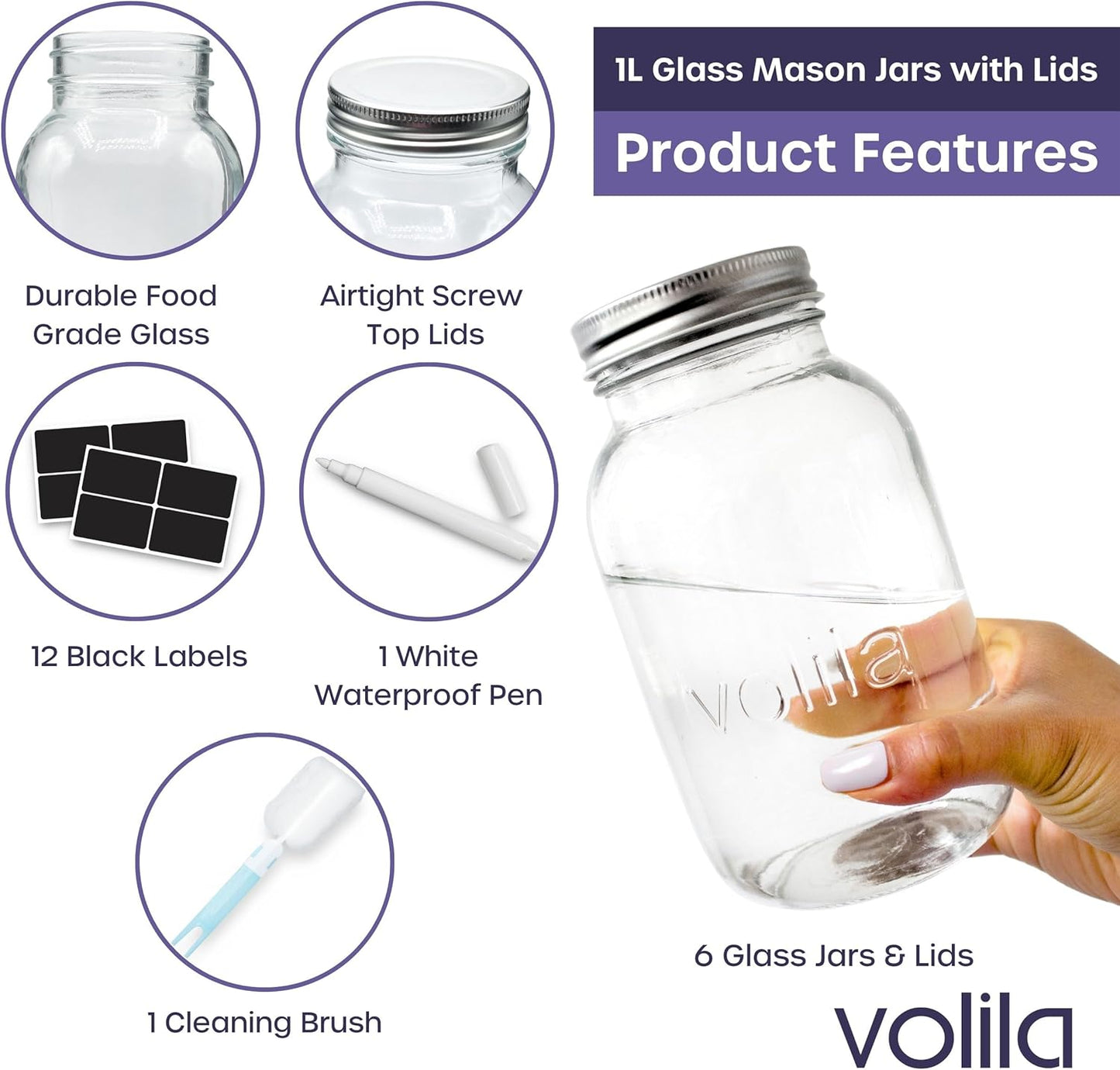 Mason Jar mit Deckeln - 490 ml Mehrzweck-Einmachgläser für Overnight Oats, Einlegen, Einmachen, Konservieren und Mahlzeitenvorbereitung - Luftdichte Einweckgläser (6er Pack - Normaler Deckel)