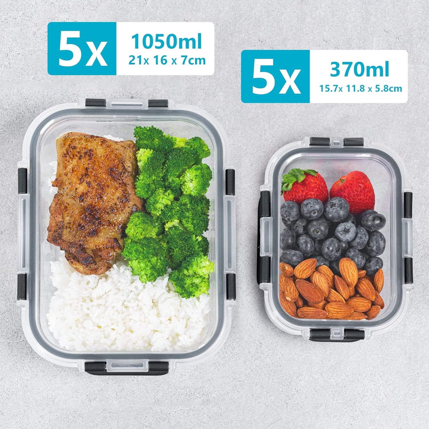 Igluu Meal Prep Glas Lebensmittel Frischhaltedosen 10 Stück, Lebensmittelbehälter mit Schnappverschluss & auslaufsichern Deckel Mikrowellen geeignet BPA frei (10 Boxen & 10 Deckel) 1050ml & 370ml