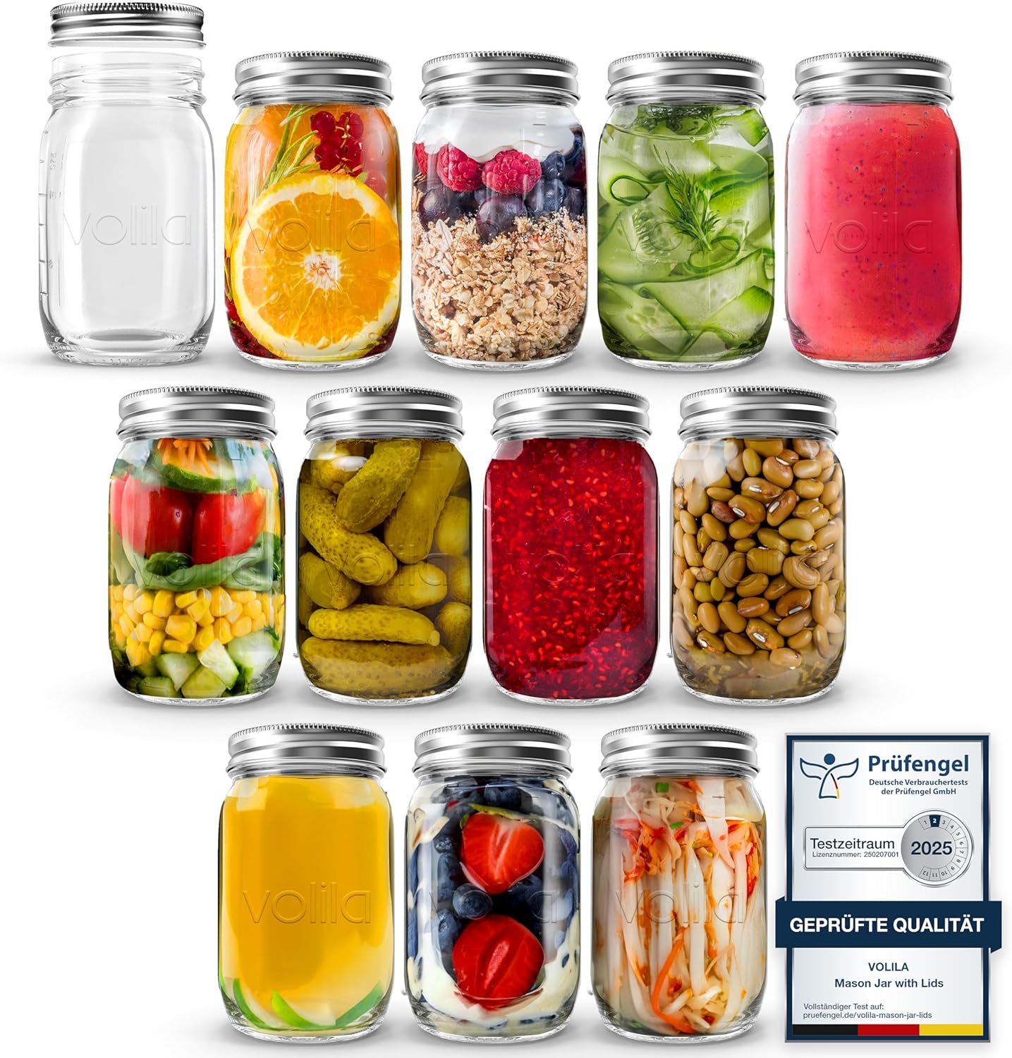 Mason Jar mit Deckeln - 490 ml Mehrzweck-Einmachgläser für Overnight Oats, Einlegen, Einmachen, Konservieren und Mahlzeitenvorbereitung - Luftdichte Einweckgläser (6er Pack - Normaler Deckel)