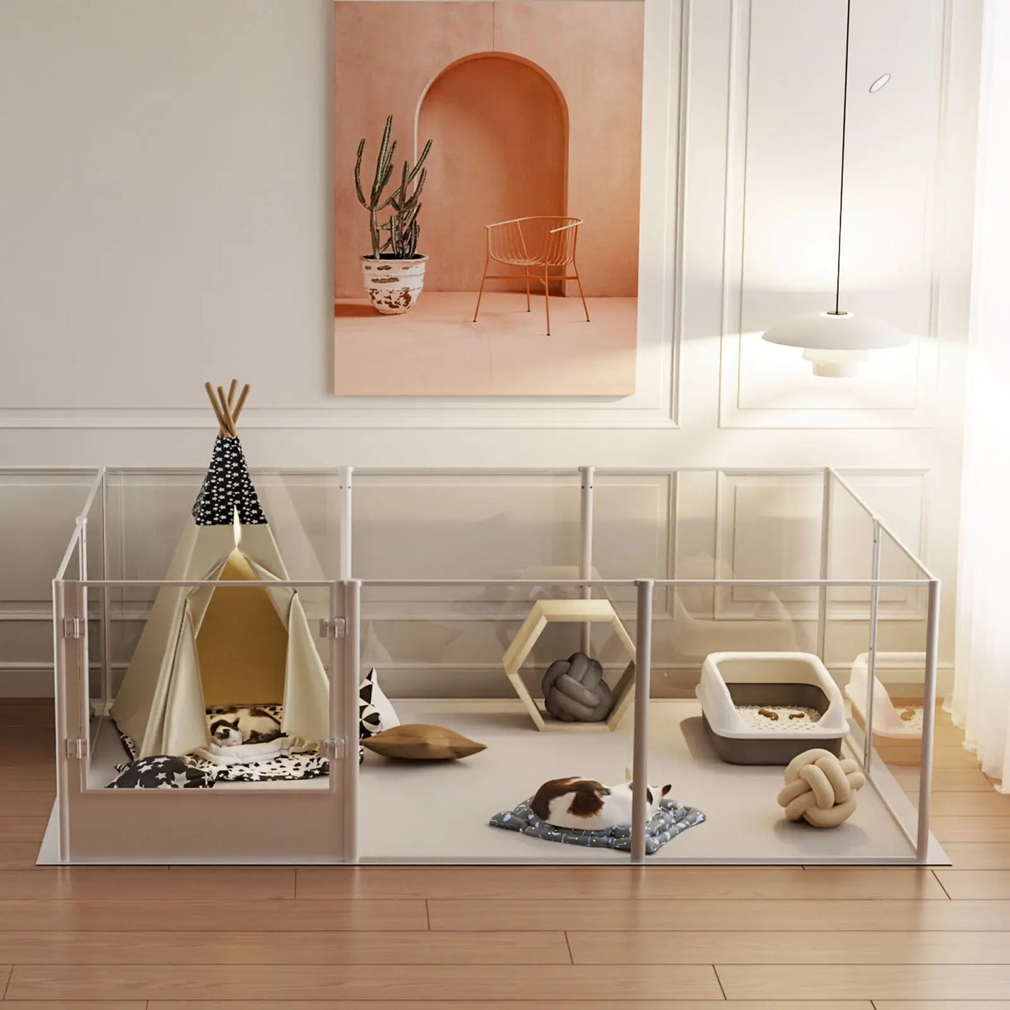 Clear Acrílico Pet Playpen com Almofada de Chão Impermeável, Gaiola Animal para Porcos Guiné Hedgehogs e Hamsters, Único Whelping Pen Box, Gaiola De Coelho