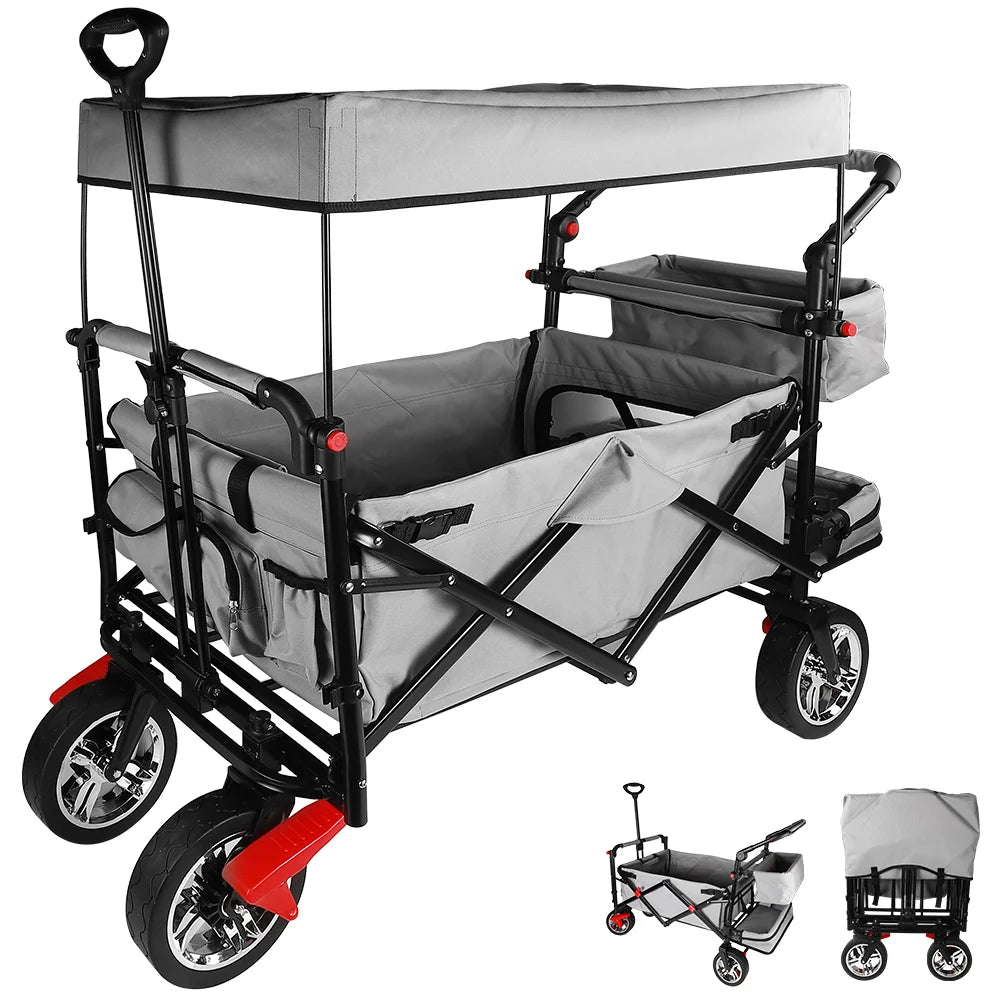 1 Stück faltbarer Gartenwagen mit Dachrädern, Brems-Transportwagen aus Stahlmetall für Garten, Camping und Sonnenschutz für Kinder